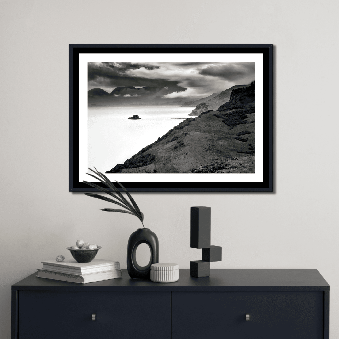 Framed Holm Island – Black & White Fine Art Print on a neutral wall with modern decor, ideal for elegant and atmospheric interior styling.
