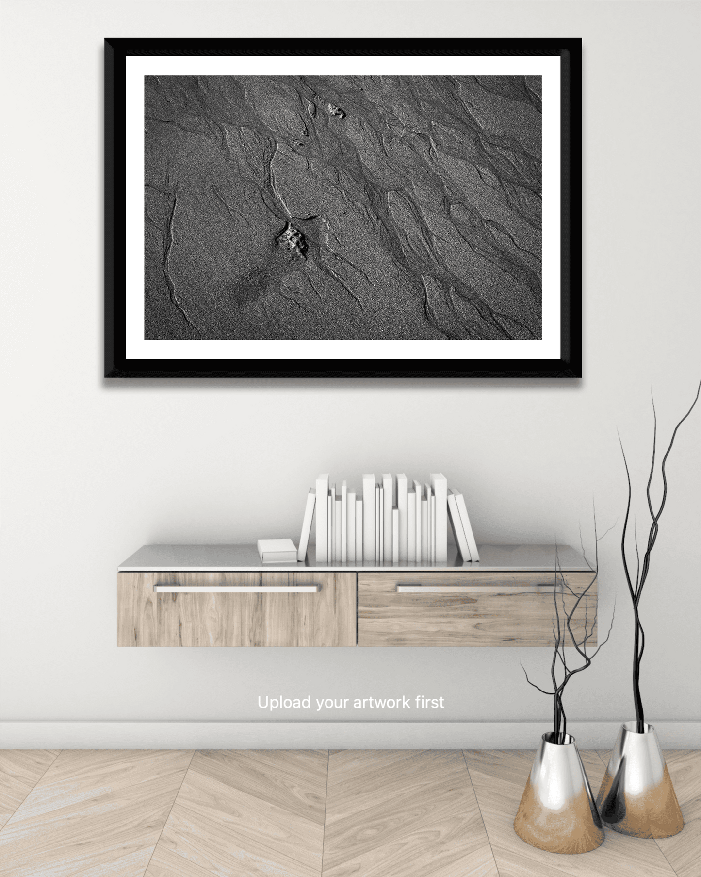 Minimalist console area with Traces #2 framed sand pattern print. Monochrome beach art enhances modern interior styling with coastal textures.
