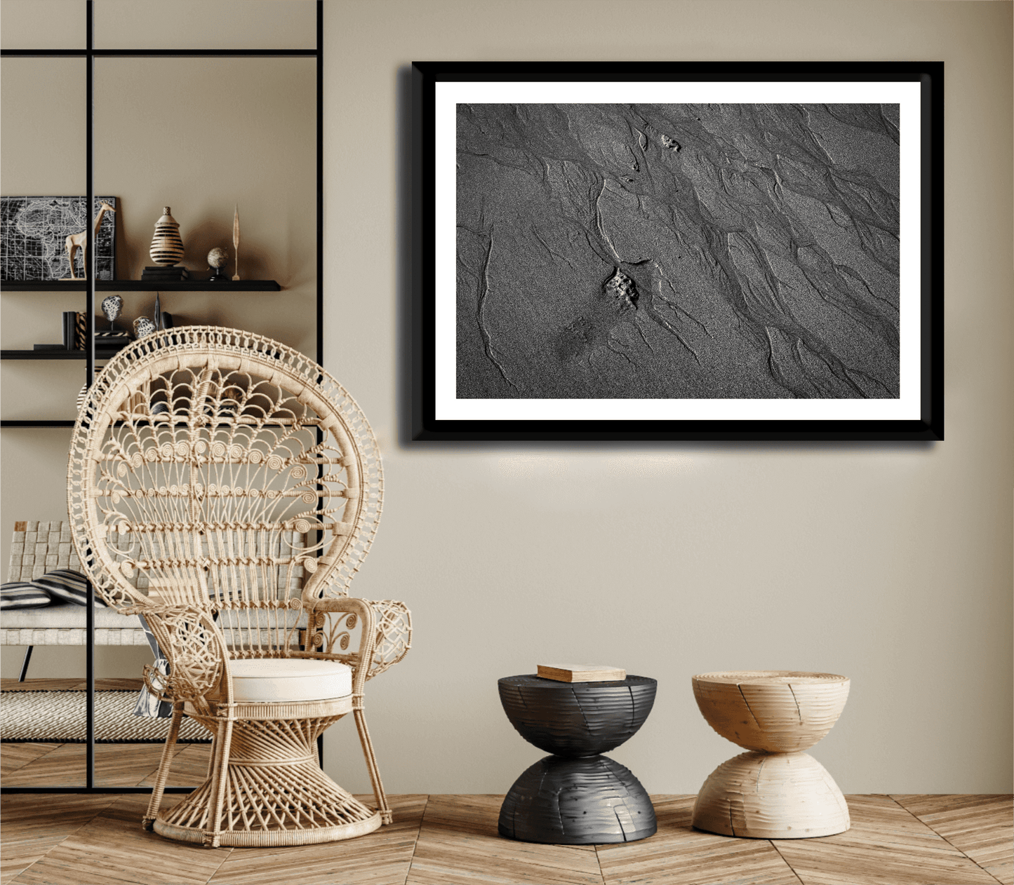 Framed Traces #2 black and white sand pattern print displayed in a modern boho living room. Ideal for minimalist coastal interior decor.