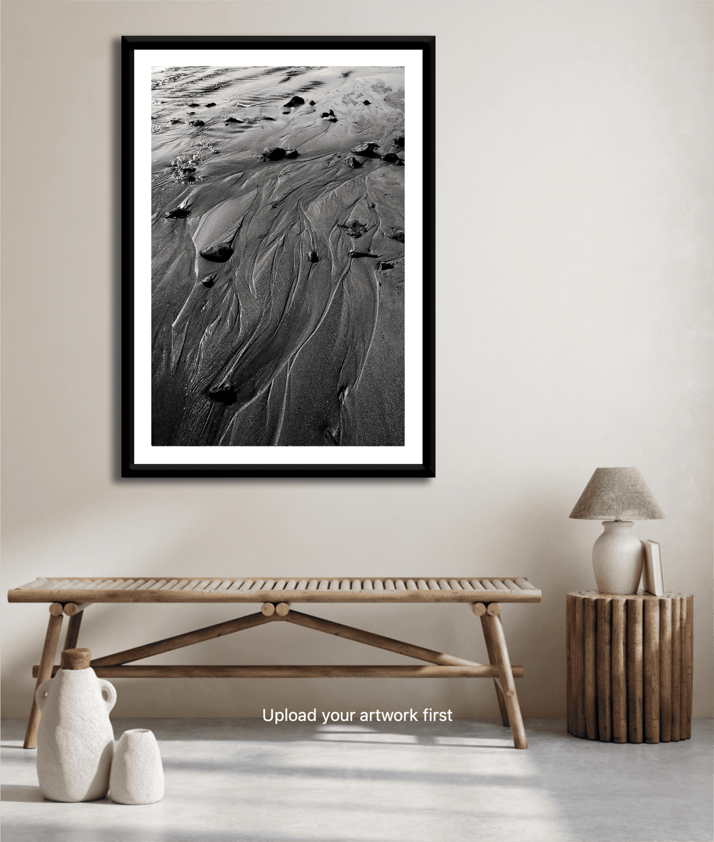 'Traces #3' black and white coastal sand print featured in a neutral-toned hallway, perfect for minimalist and nature-inspired interior design.