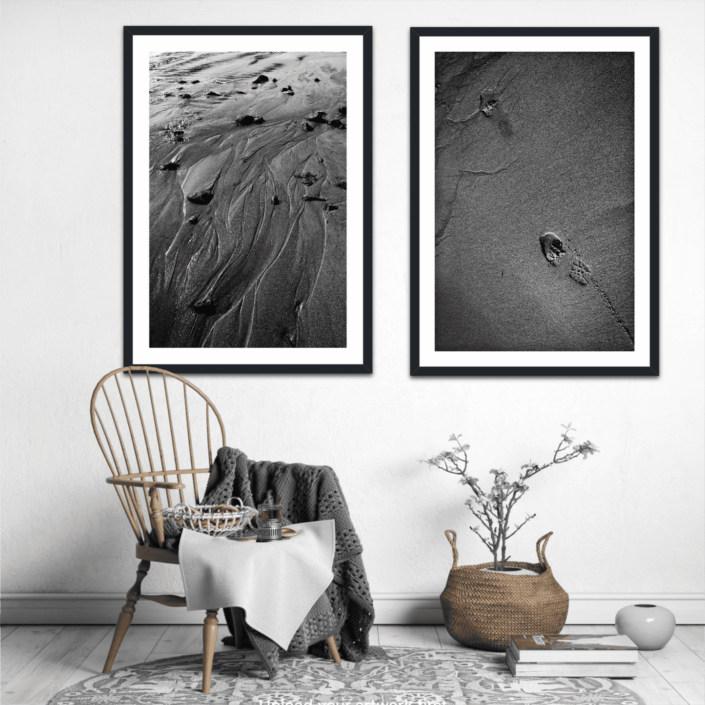 Set of two black and white sand prints including 'Traces #3' in a rustic-chic living space, ideal for coastal and minimalist wall art collections.