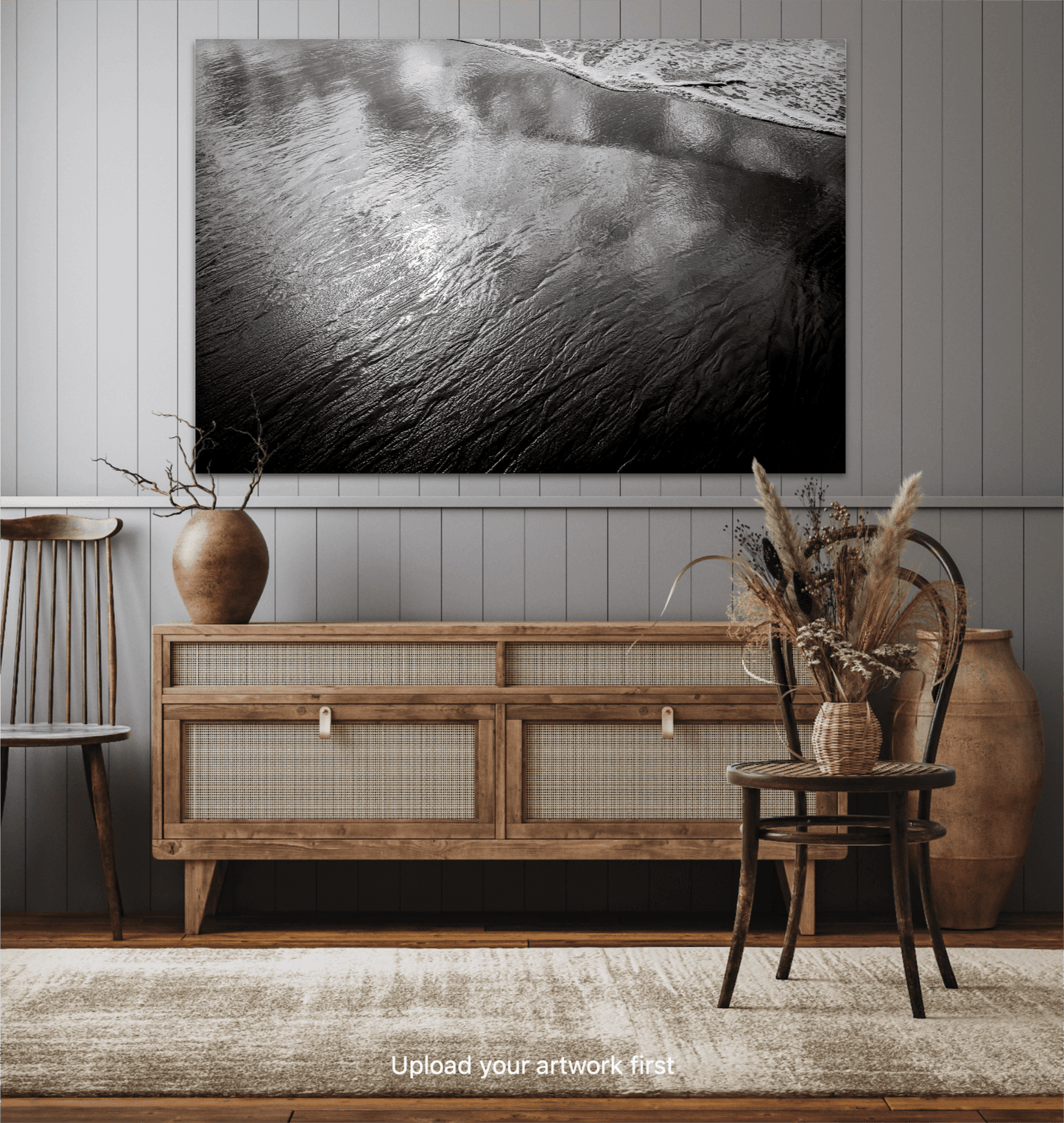 Black and white coastal artwork 'Traces #4 – Reflections at the Sea Edge, Maine' displayed in rustic home decor with wooden sideboard and neutral tones.