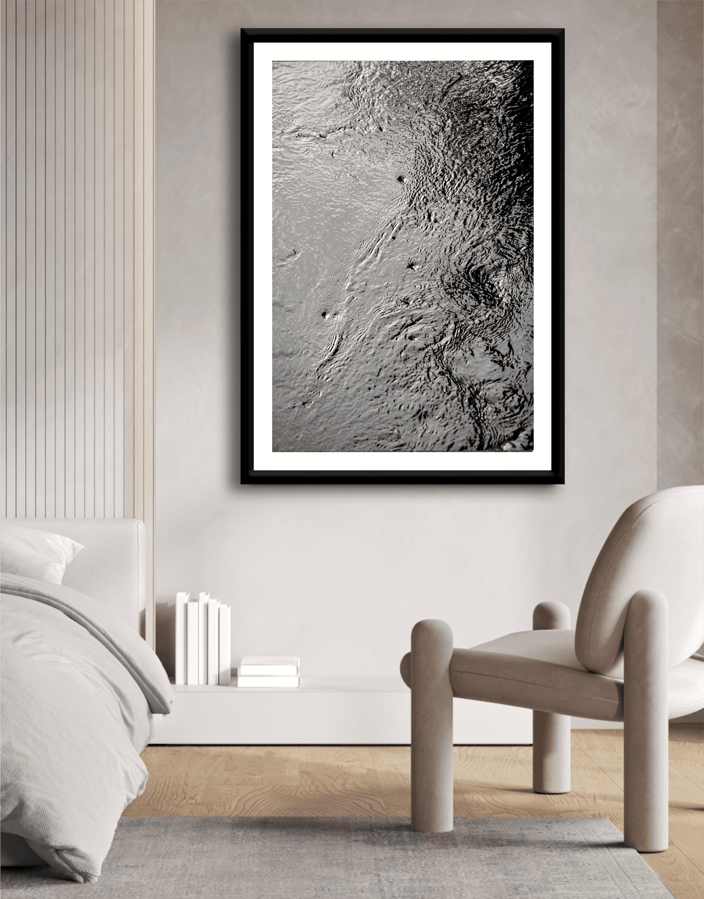 Traces #5 – Currents and Whirlpools in a Maine Stream – Black & White Nature Photography in a serene bedroom setting, enhancing minimalist interior design.