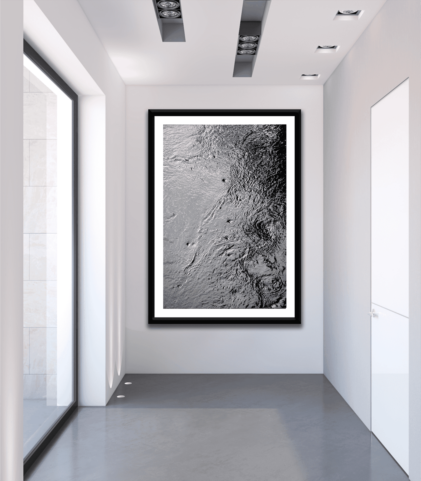 Traces #5 – Currents and Whirlpools in a Maine Stream – Black & White Nature Photography in a sleek hallway, ideal for contemporary art collectors and designers.