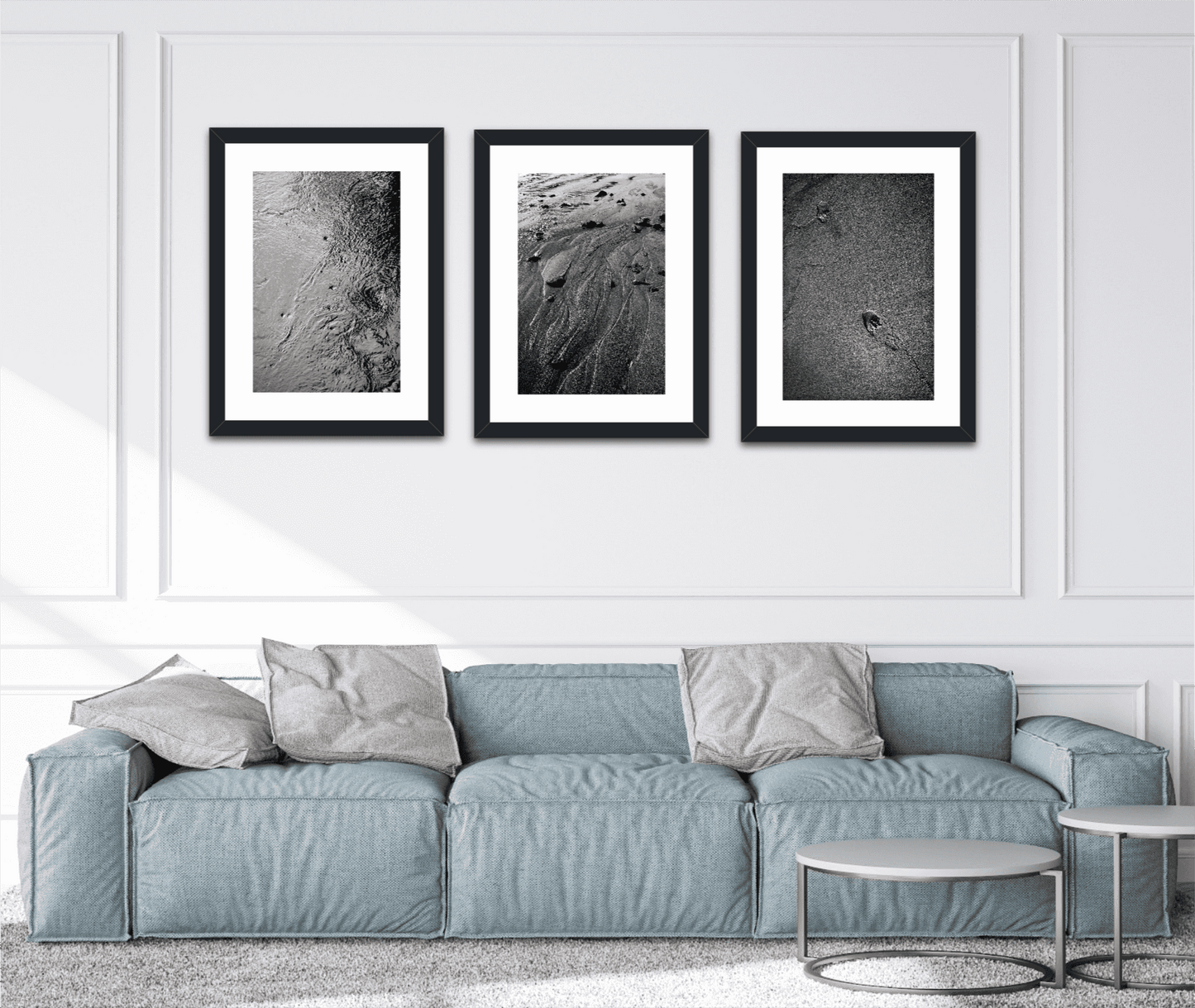 Traces #5 – Currents and Whirlpools in a Maine Stream – Black & White Nature Photography as part of a triptych wall art set in a contemporary living room.