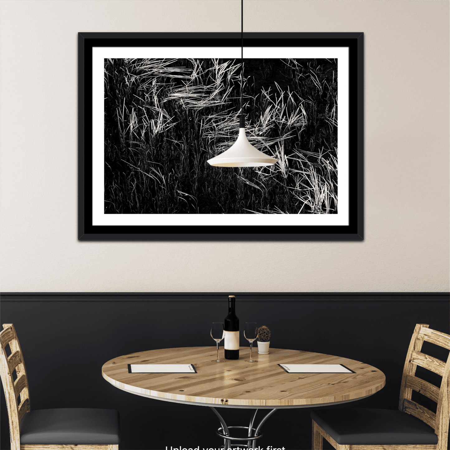 Framed Reeds in Water – Grand Teton Fine Art Black & White Landscape by Michael Hart displayed above a dining table. Elegant wall art for modern interiors.