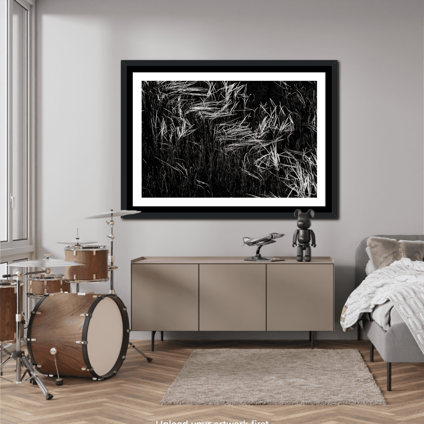 Reeds in Water – Grand Teton Fine Art Black & White Landscape by Michael Hart in a music-themed living space. Stylish monochrome nature print decor.