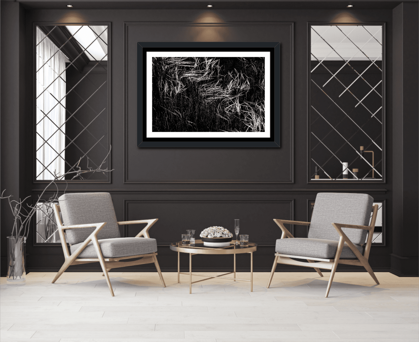 Black & white Reeds in Water by Michael Hart framed in a luxurious sitting area. Fine art landscape print for upscale home decor.