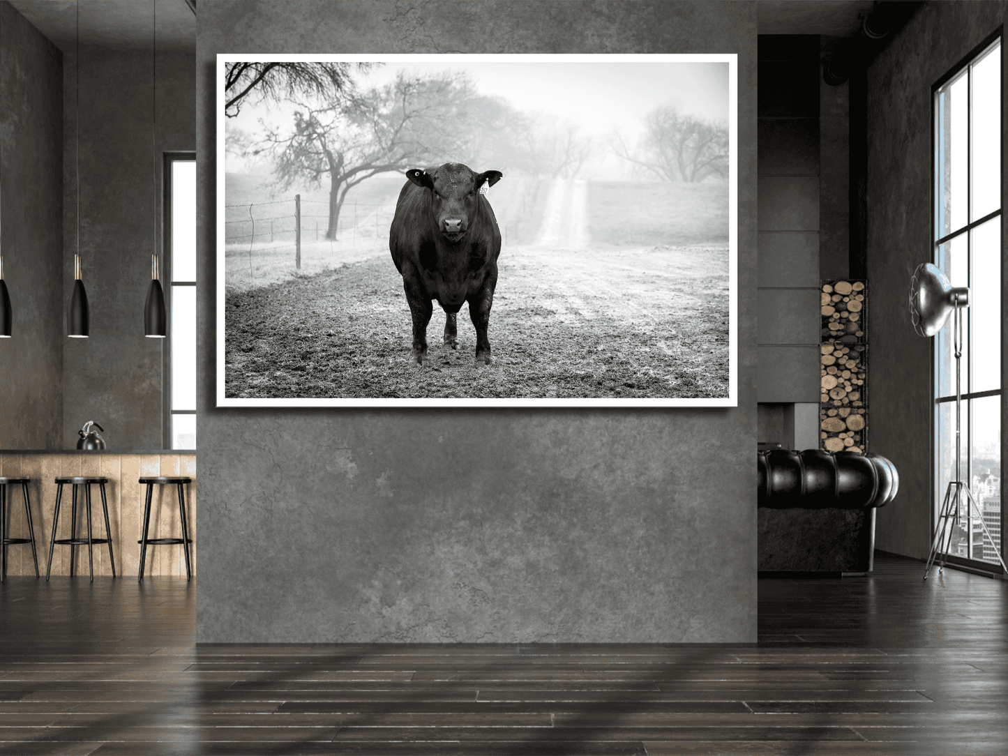Black Angus Bull in Fog – Award-Winning Texas Ranch Photography displayed in modern loft. Monochrome bull portrait adds rustic elegance to Western wall art.