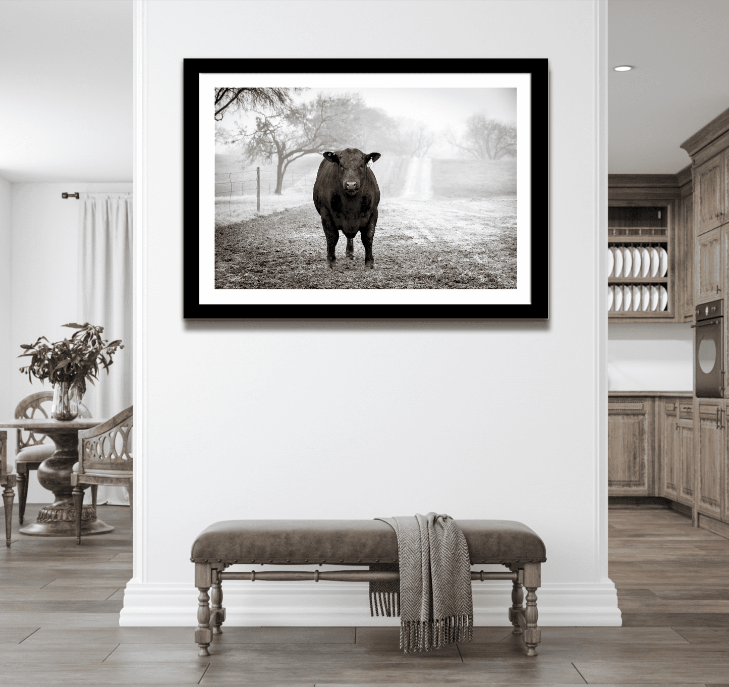 Black Angus Bull in Fog – Award-Winning Texas Ranch Photography framed wall art in modern farmhouse kitchen. Monochrome bull print adds rustic elegance.