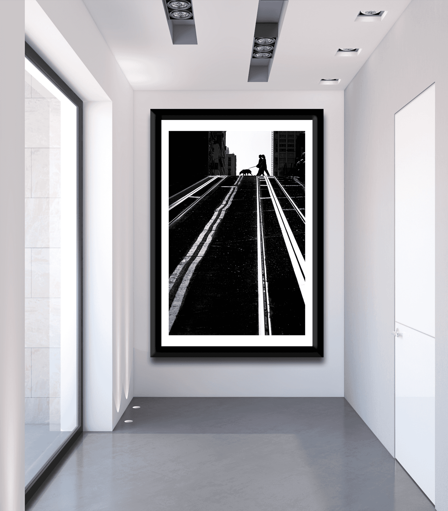 San Francisco Photography-Serendipitous Street Art displayed in a sleek gallery-style hallway, highlighting dramatic street photography with cable car tracks.