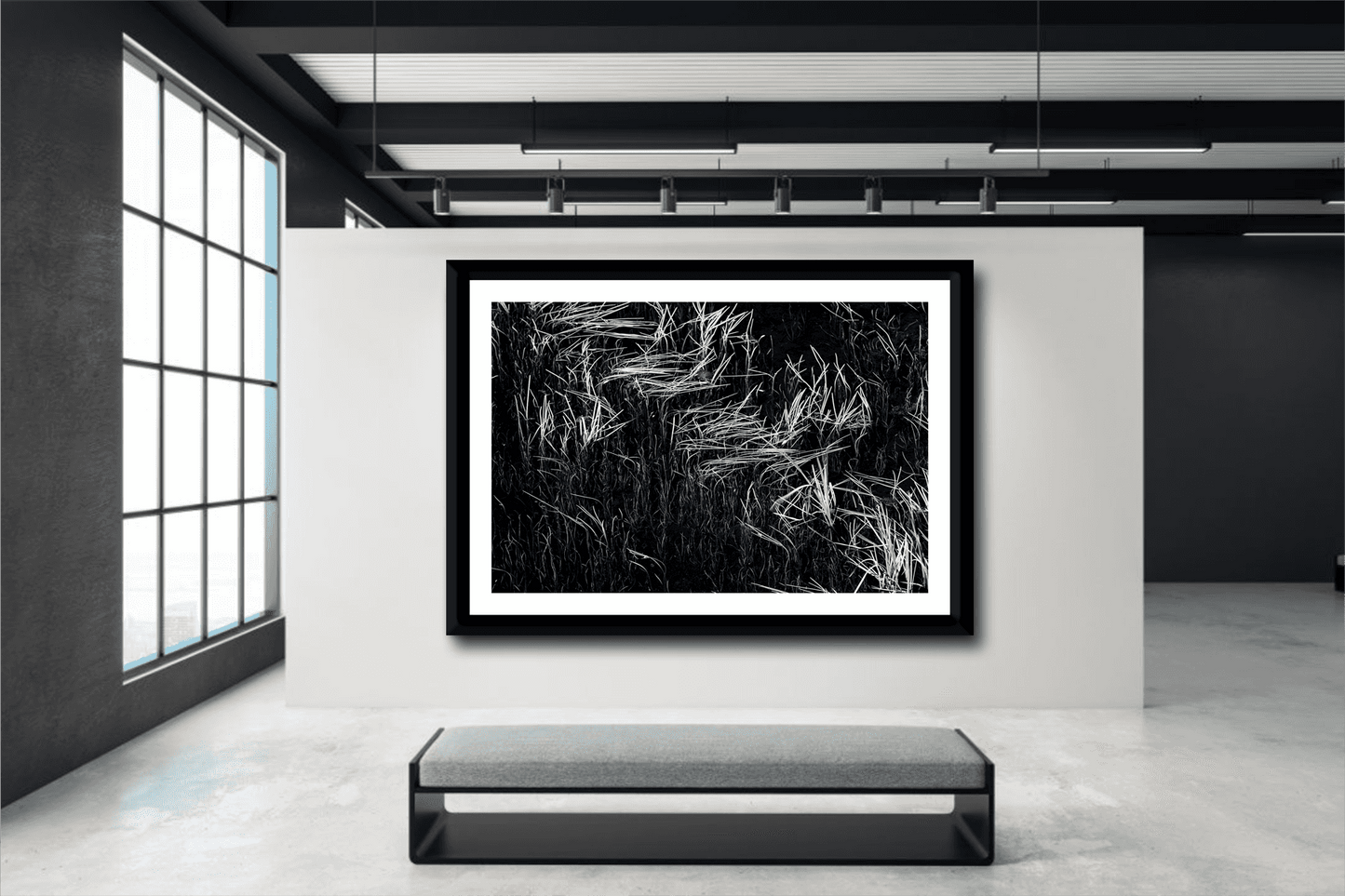 Gallery installation of Reeds in Water – Grand Teton Fine Art Black & White Landscape by Michael Hart. Perfect for modern art exhibitions.