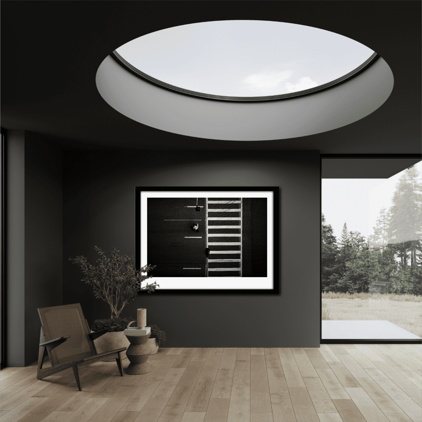 Chicago Crosswalk – Limited Edition Urban Street Photography by Michael Hart displayed in a modern minimalist living room with black walls and skylight. Monochrome aerial view of a pedestrian crossing adds bold contrast and urban elegance to contemporary home decor.