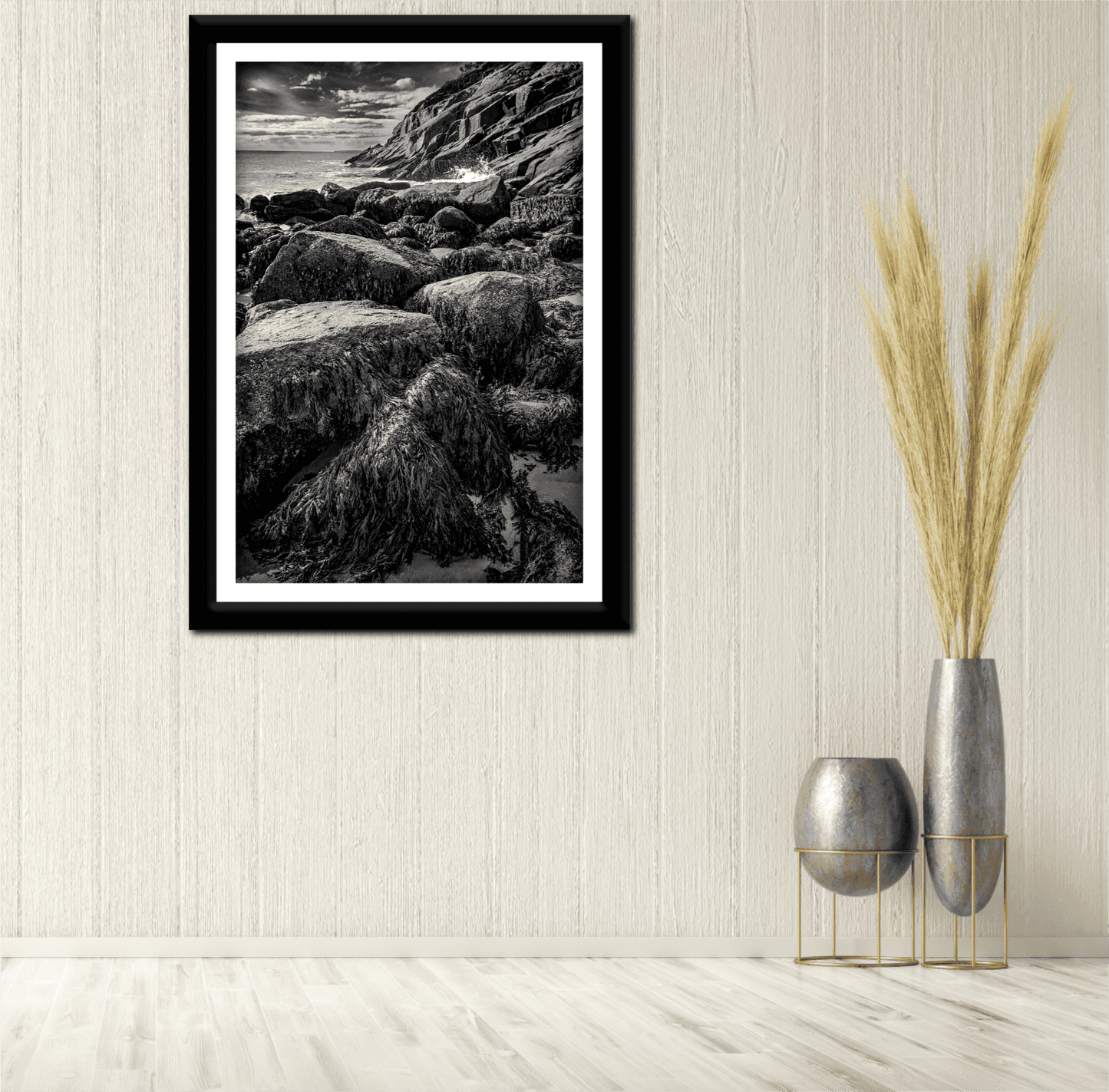 After Doré – Moody Black and White Coastal Photography framed on a textured wall, paired with minimalist decor for a refined interior design statement.