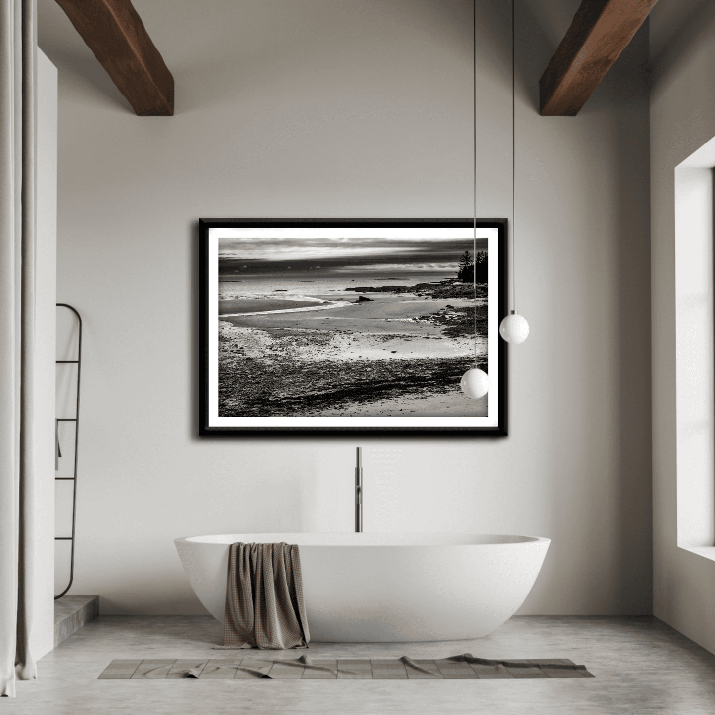 Grey Atlantic #2 – Black and White Coastal Photography in Maine featured above a freestanding bathtub in a luxury bathroom. A monochrome coastal print for spa-like ambiance.