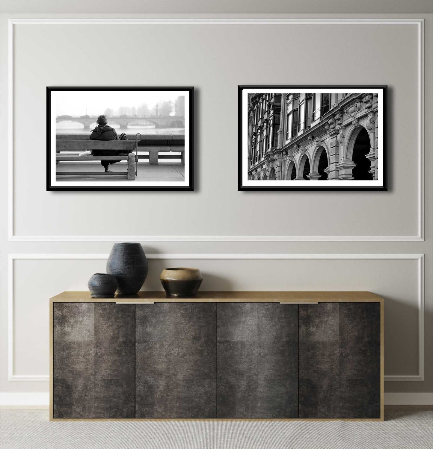 Zurich Series #4 – The Architecture Speaks fine art print by Michael Hart displayed in a stylish home interior, showcasing Swiss architectural detail in monochrome.