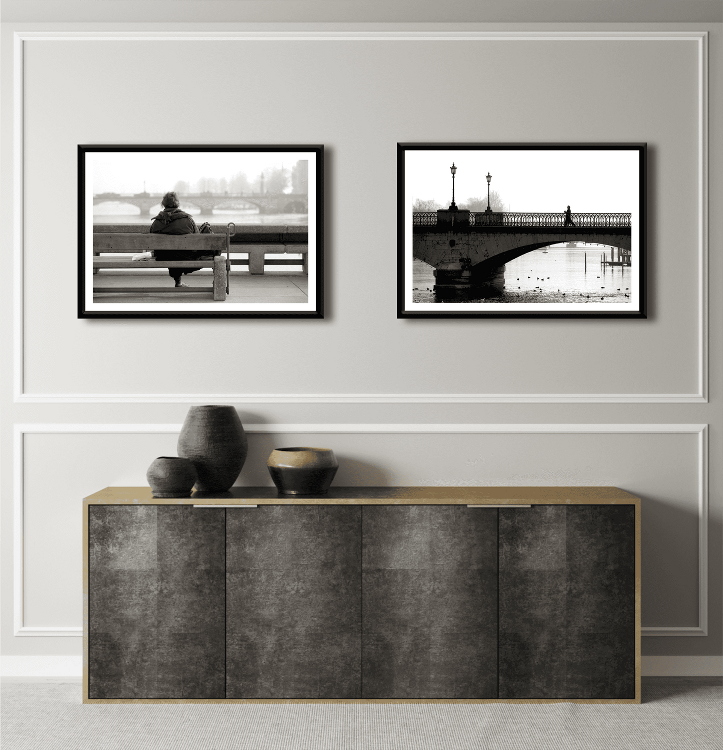 Zurich Series #6 – The Woman Overlooking the River Limmat by Michael Hart paired with another monochrome bridge print in a refined gallery wall. Elegant European travel photography for luxury interiors.