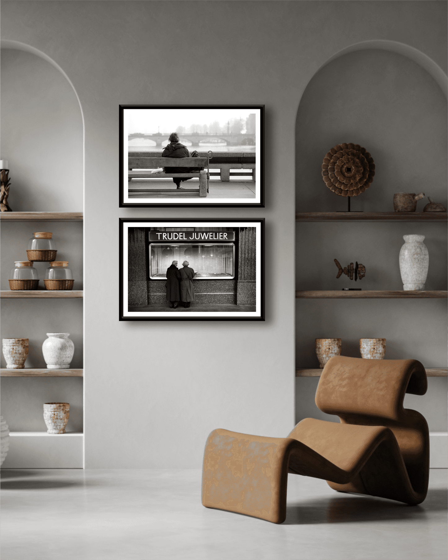 Zurich Series #7 – Window Shopping on Bahnhofstrasse paired with another monochrome print in a neutral-toned room with built-in shelves and modern chair.