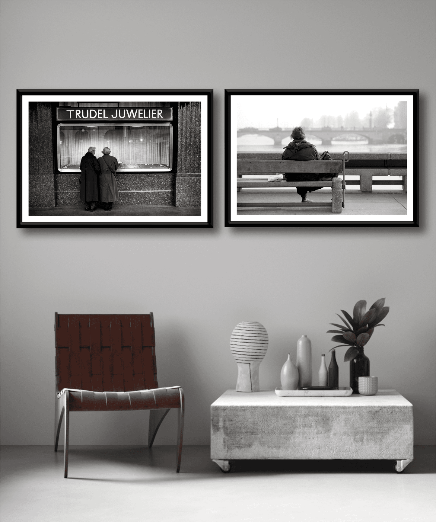 Zurich Series #7 – Window Shopping on Bahnhofstrasse displayed alongside another Zurich black and white print in a contemporary interior with modern furniture.