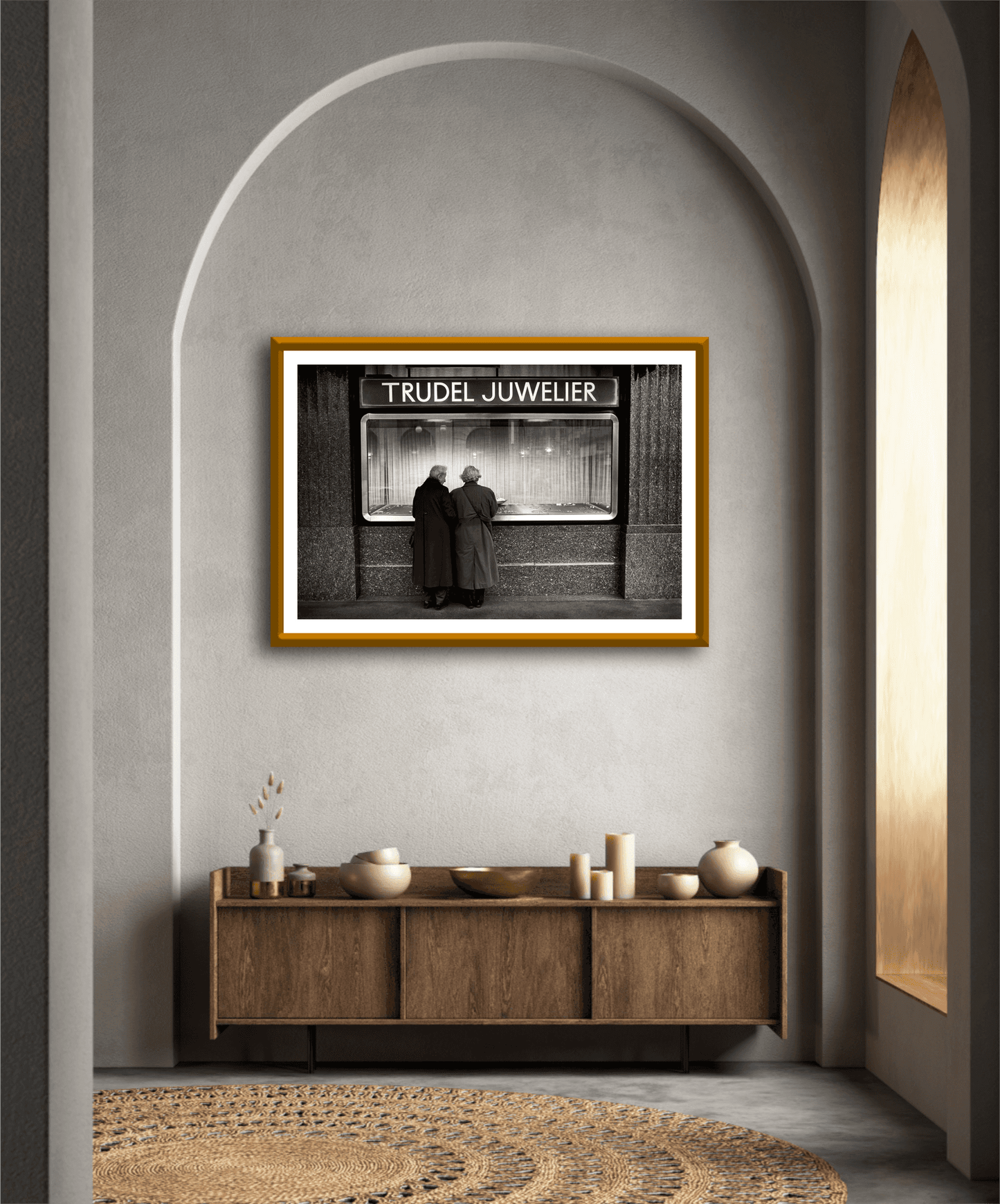 Zurich Series #7 – Window Shopping on Bahnhofstrasse framed in gold, showcased in an arched hallway with warm-toned minimalist decor.