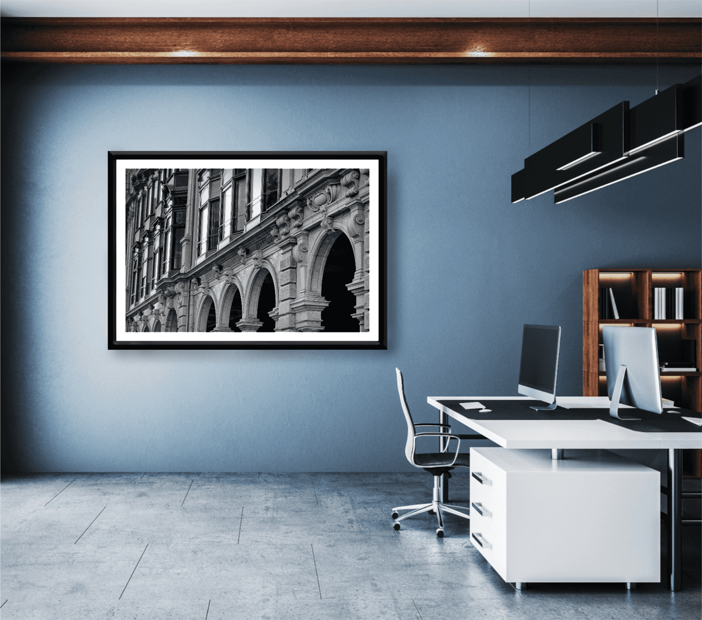 Zurich Series #4 – The Architecture Speaks fine art print by Michael Hart featured in a contemporary office, presenting Zurich’s historic architecture in elegant black and white.