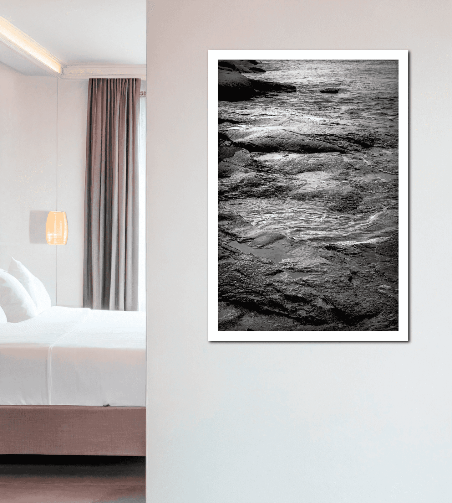 Grey Atlantic #3 – Fine art black and white coastal print from Maine displayed in a modern bedroom, enhancing minimalist wall decor.