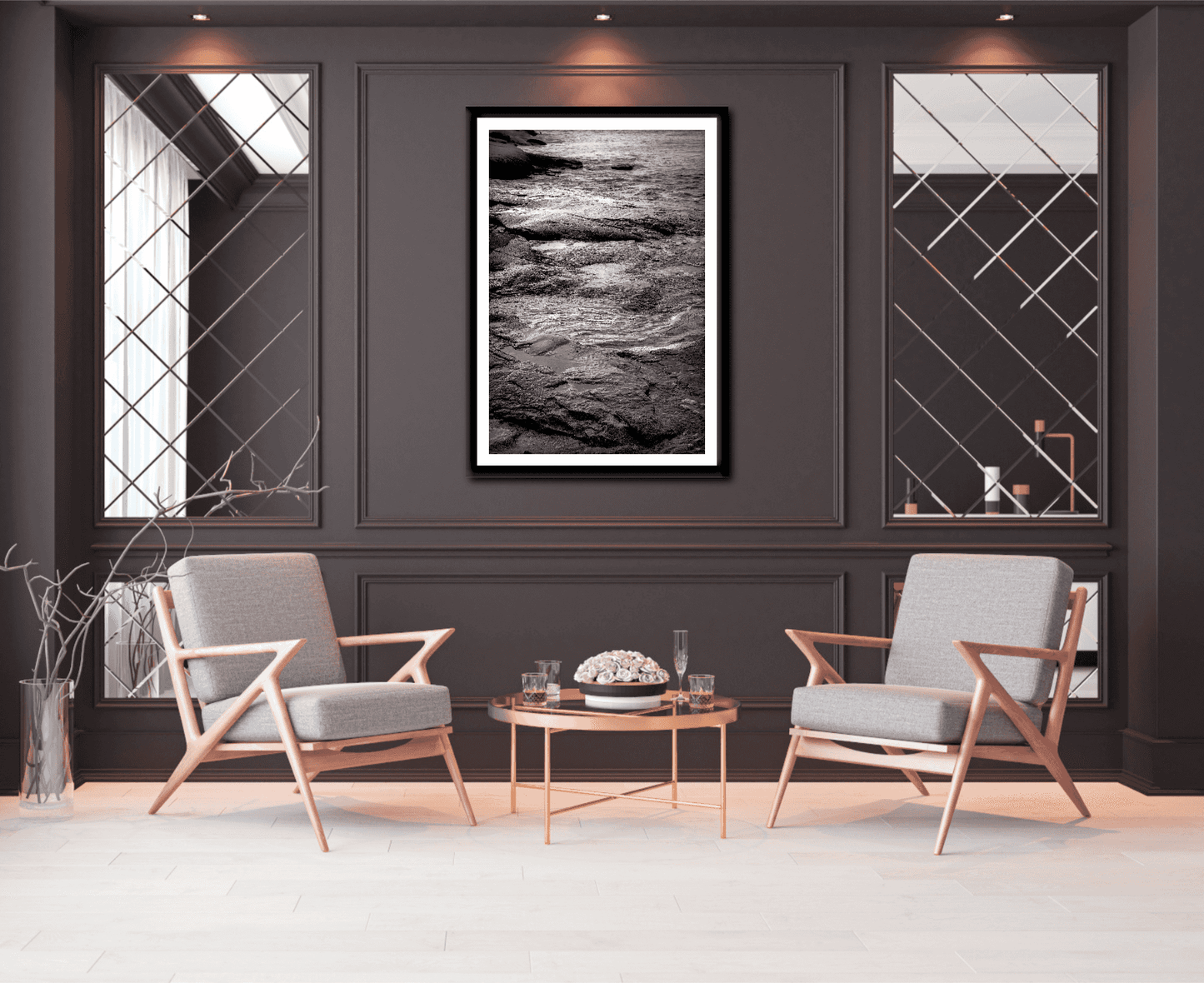 Grey Atlantic #3 – Monochrome Maine seascape artwork framed in a luxury sitting room, perfect for coastal wall art and interior design.
