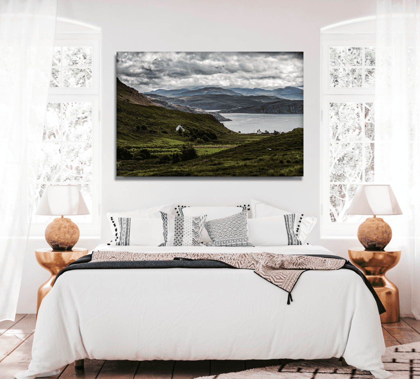 Culnacraig – Scotland’s Wild West Coast in Light and Shadow landscape print above a bed, adding a serene Highlands view to a cozy bedroom setting.