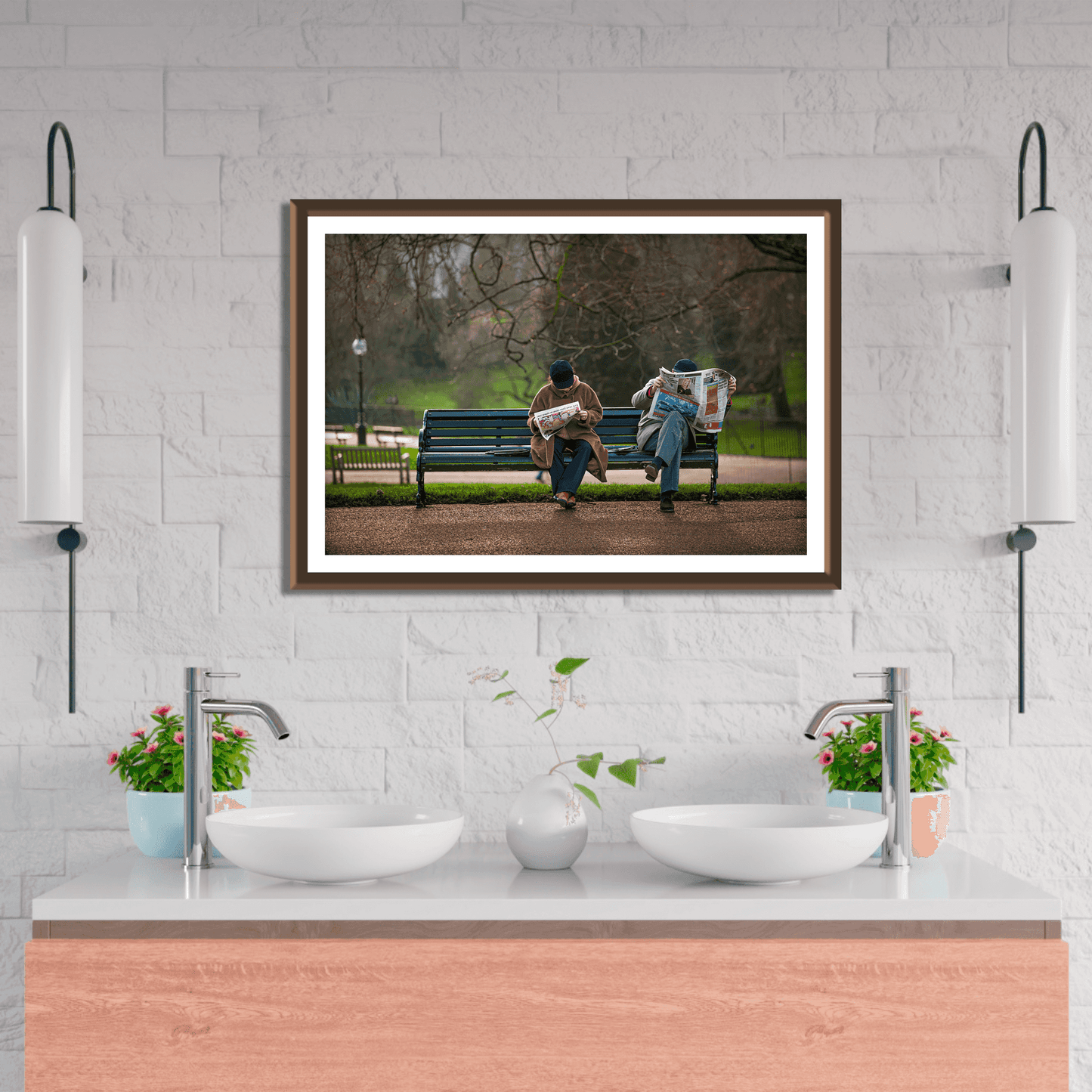 The Saturday News – A Photograph of Couple Captured in Hyde Park featured in a stylish bathroom. A limited edition UK photography print adding calm and charm to interior design spaces.
