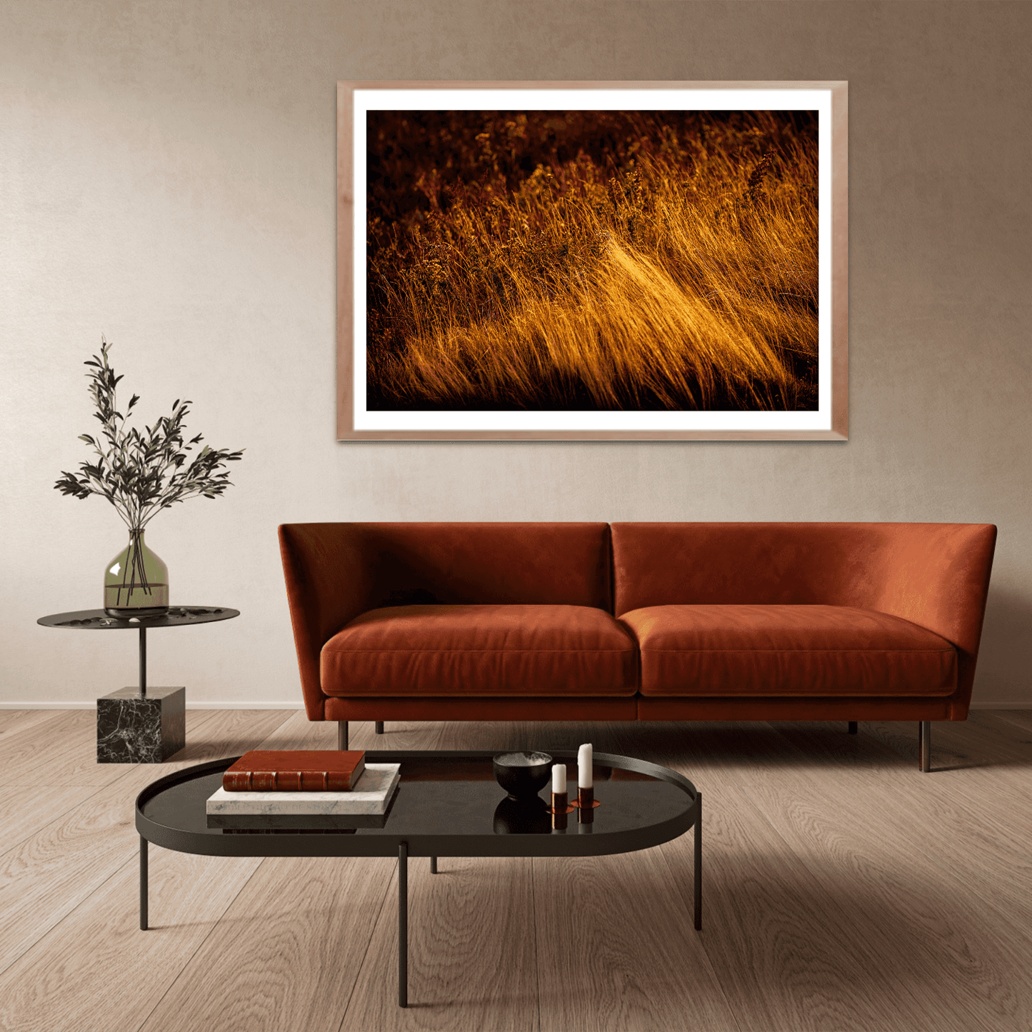 Autumn Grasses #1, Acadia – Limited Edition Fall Nature Photograph framed above a modern red sofa in a minimalist living room, enhancing fall-inspired decor.