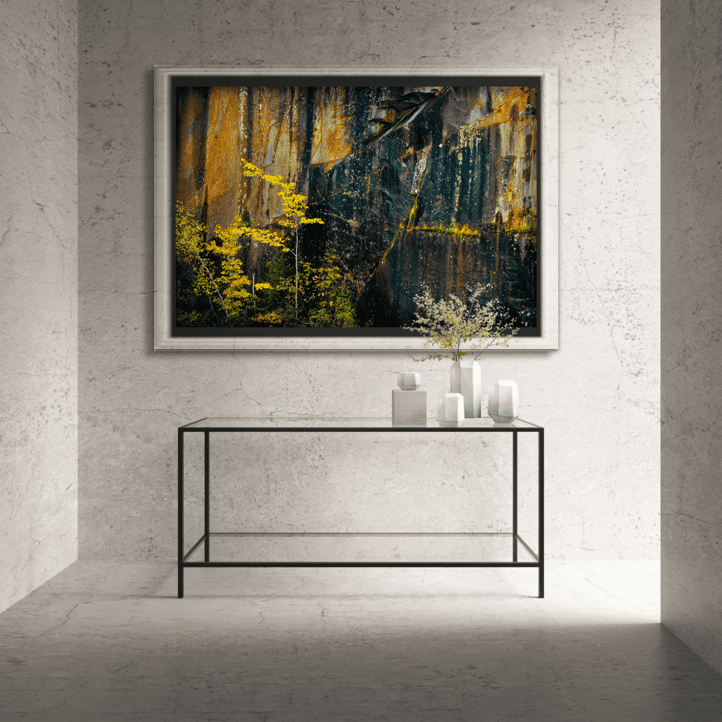 Framed Quarry Wall #1 abstract stone texture print by Michael Hart displayed in minimalist hallway decor, ideal for modern interior design.
