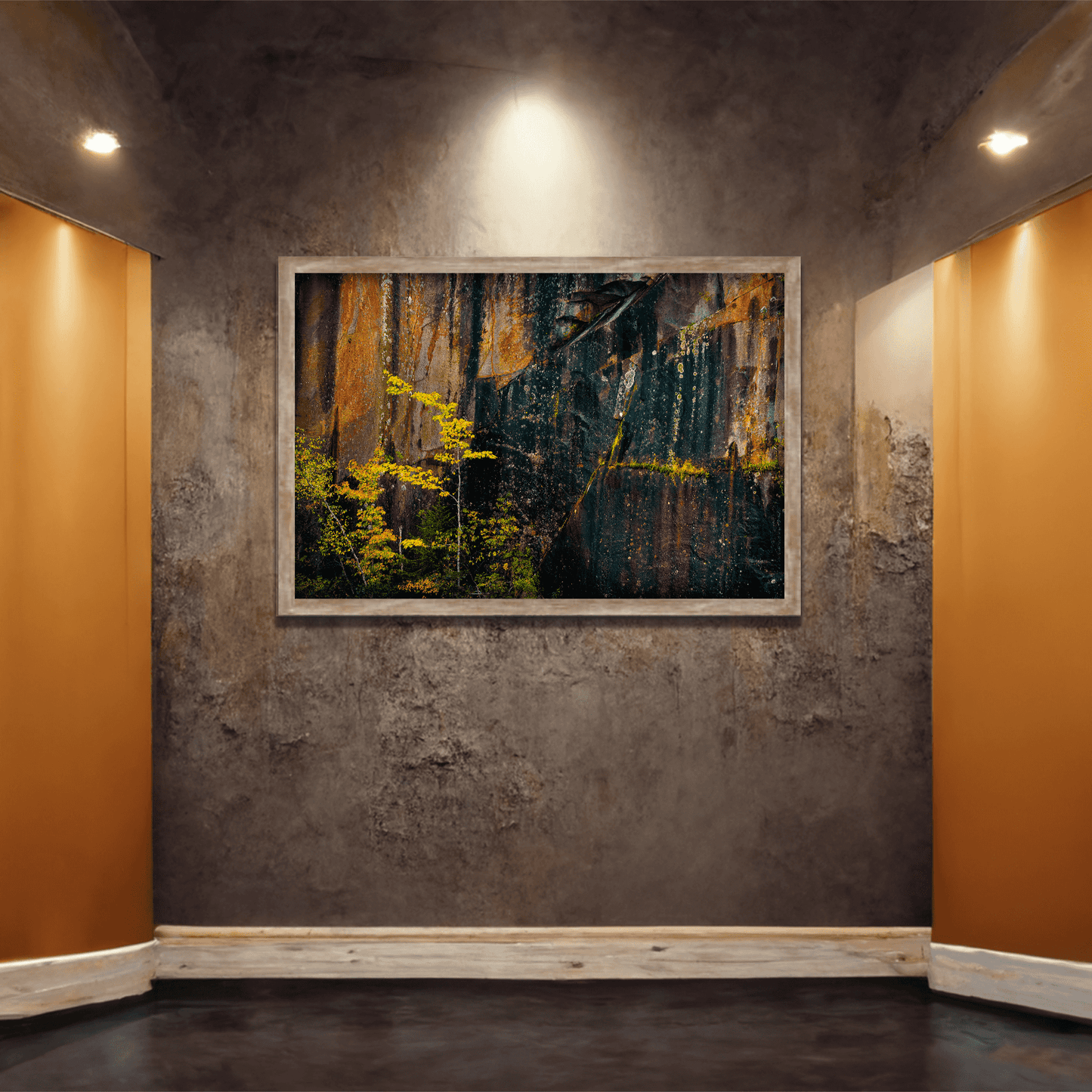Quarry Wall #1 abstract stone wall art by Michael Hart mounted in a rustic hallway with warm lighting, perfect for earthy interior themes.