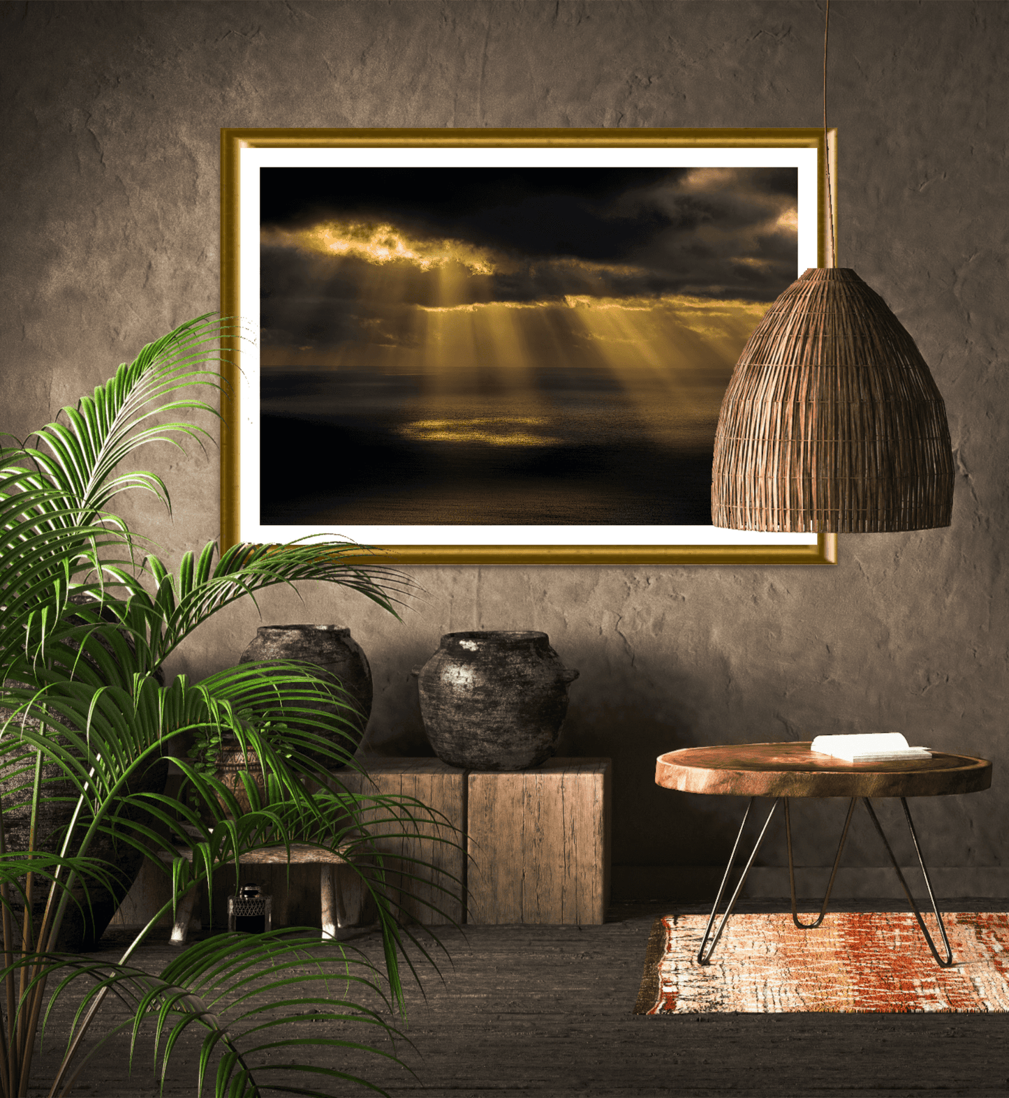 Ring of Light fine art print in rustic interior with earthy textures and natural elements, highlighting dramatic sunrise over Acadia National Park.