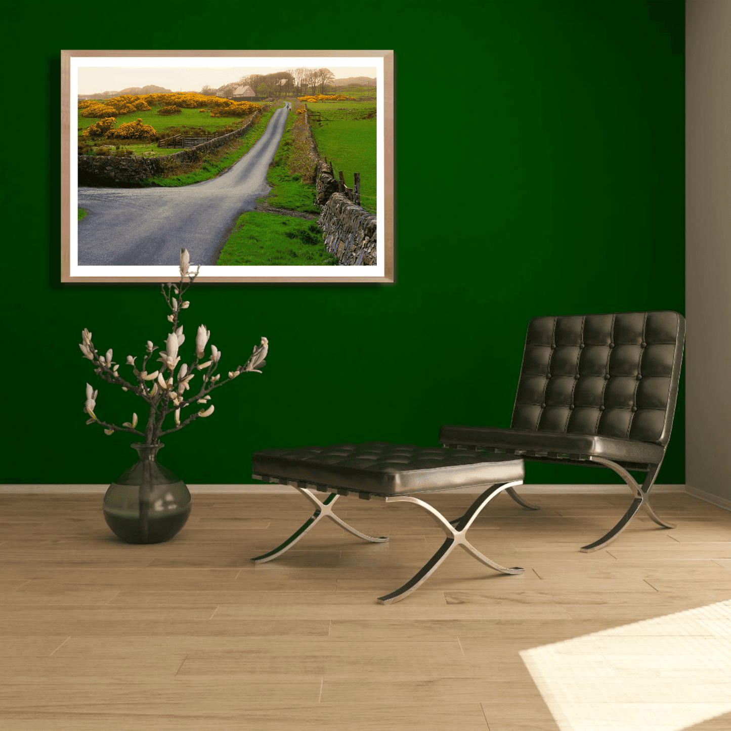 Framed Rush Hour On Islay print on a green accent wall, capturing tranquil Scottish landscape with a lass and dog walking through whisky isle scenery.
