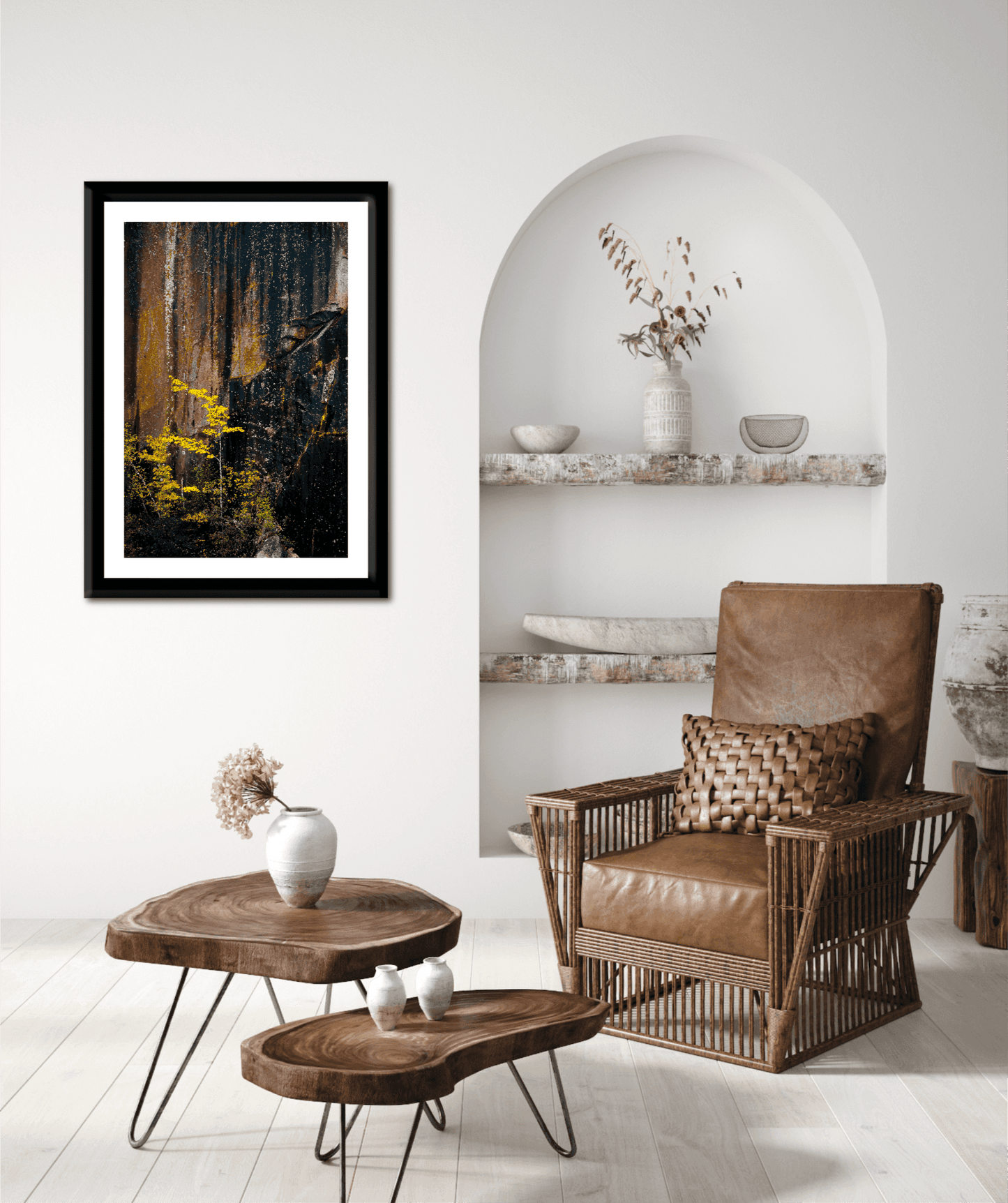 Framed Quarry Wall #2 print by Michael Hart displayed in a modern living room with neutral decor. Maine Vertical Wall Art for home interiors.