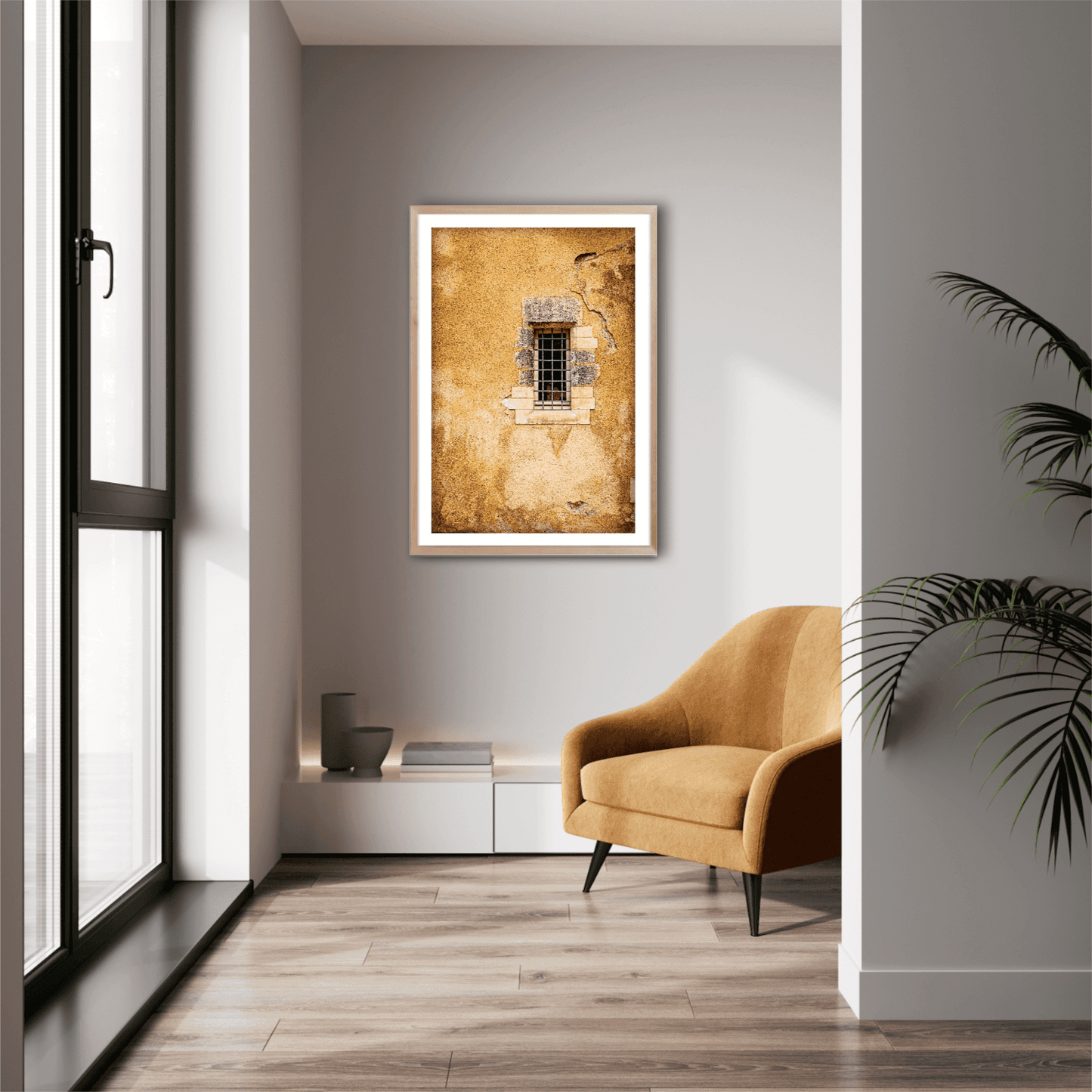 Golden Wall – Aged Texture and Light in Historic Troyes, France framed in a modern reading nook, blending fine art photography with minimalist interior design.