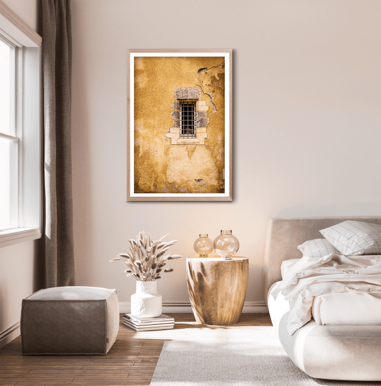 Golden Wall – Aged Texture and Light in Historic Troyes, France hung in a cozy bedroom, adding European charm and rustic elegance to soft-toned decor.