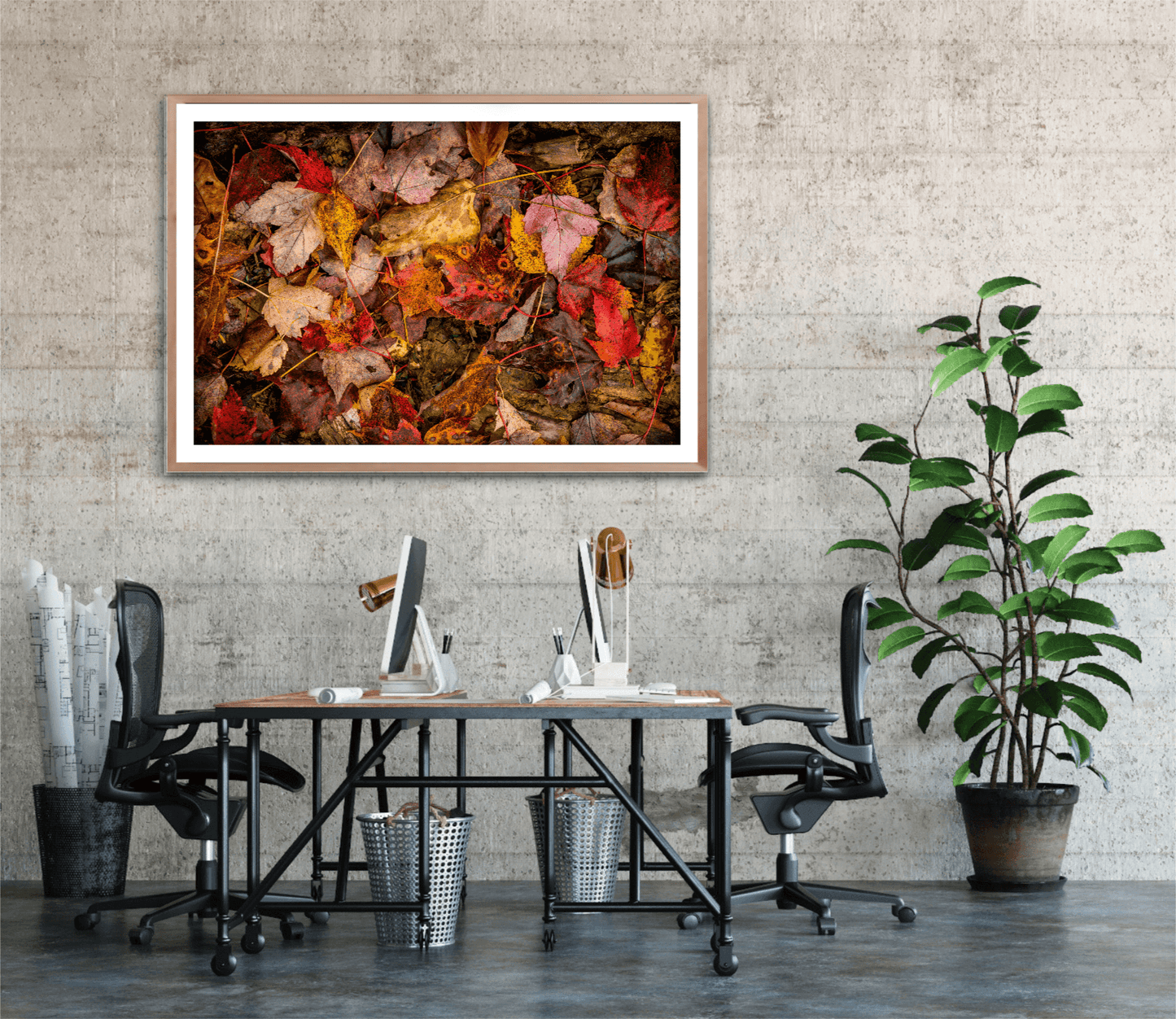 Autumn Leaves Collage – Limited Edition Fine Art Fall Photograph from West Virginia displayed in modern office decor. Features vibrant fallen leaves in rich reds, oranges, and purples.