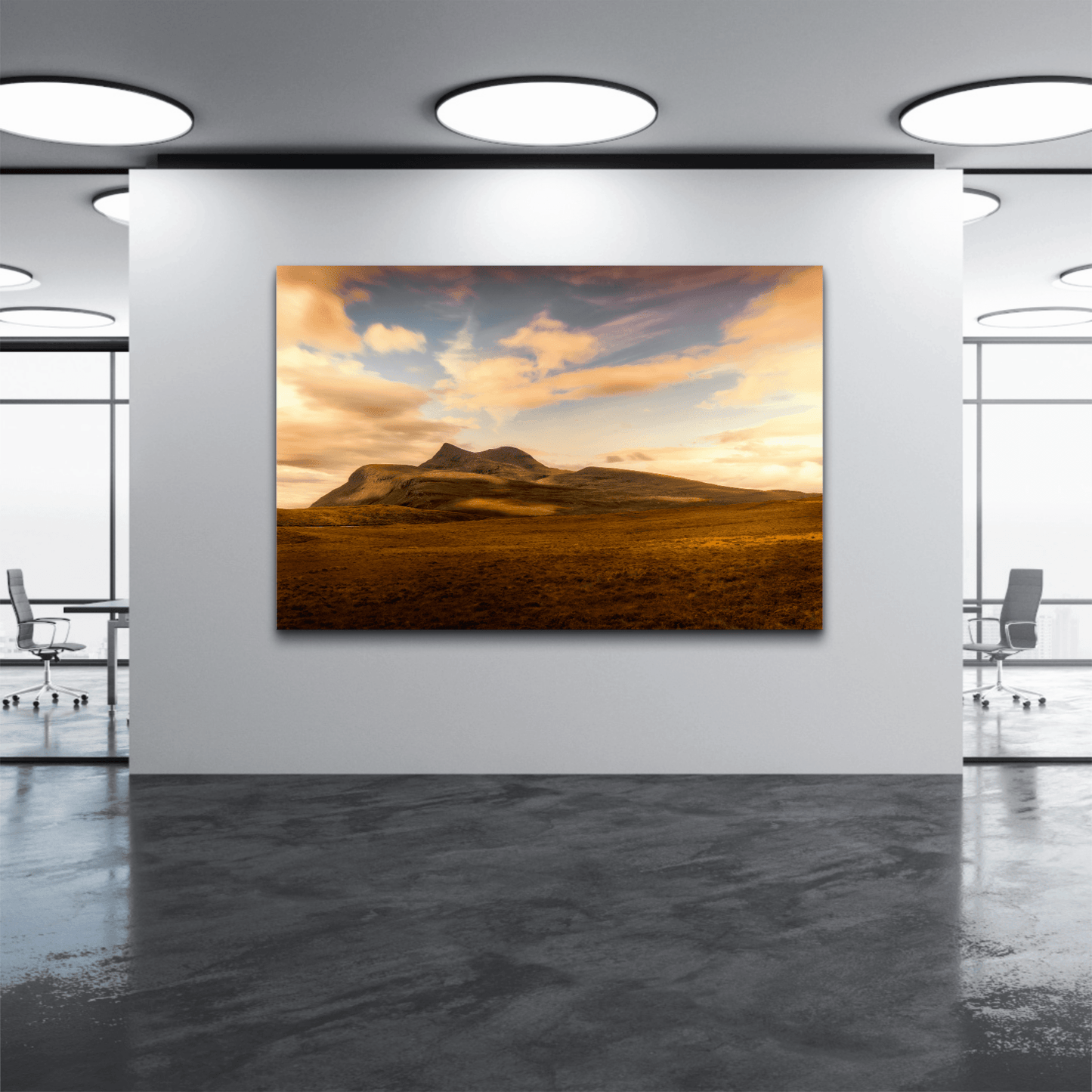 Cùl Mòr landscape print featured in a modern gallery-style office, showcasing Scotland’s North Coast 500 route in fine art photography.