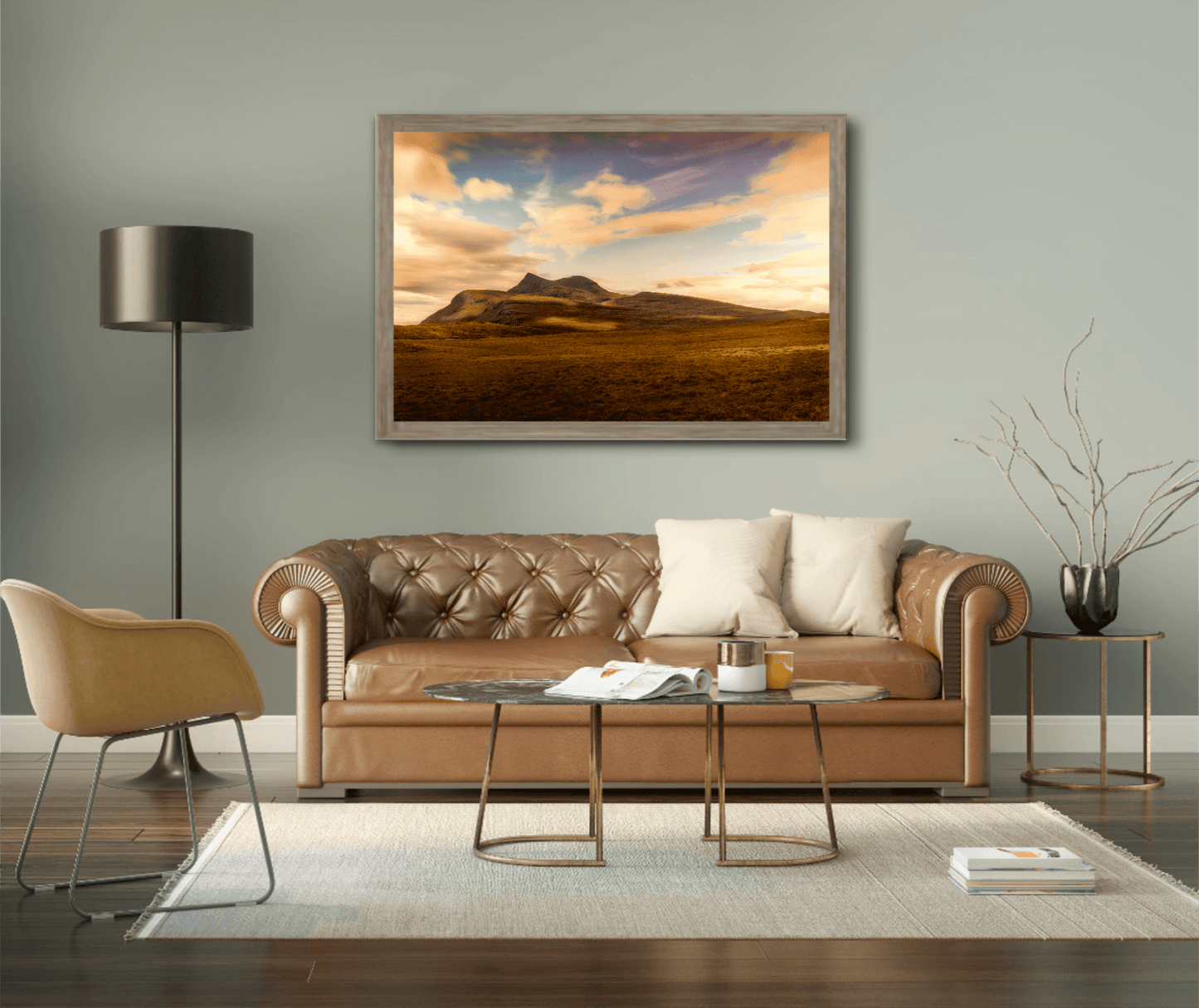 Cùl Mòr Highland Majesty framed print in a cozy living room, perfect for adding Scottish landscape charm to home wall decor.
