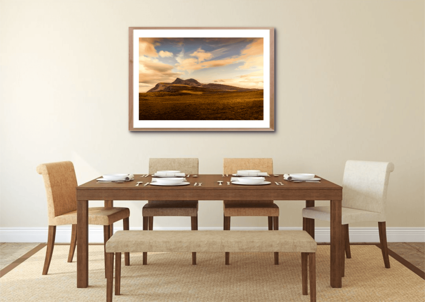 Framed Cùl Mòr Highland landscape print displayed in a dining room, part of Scotland North Coast 500 visual artwork collection for home decor.