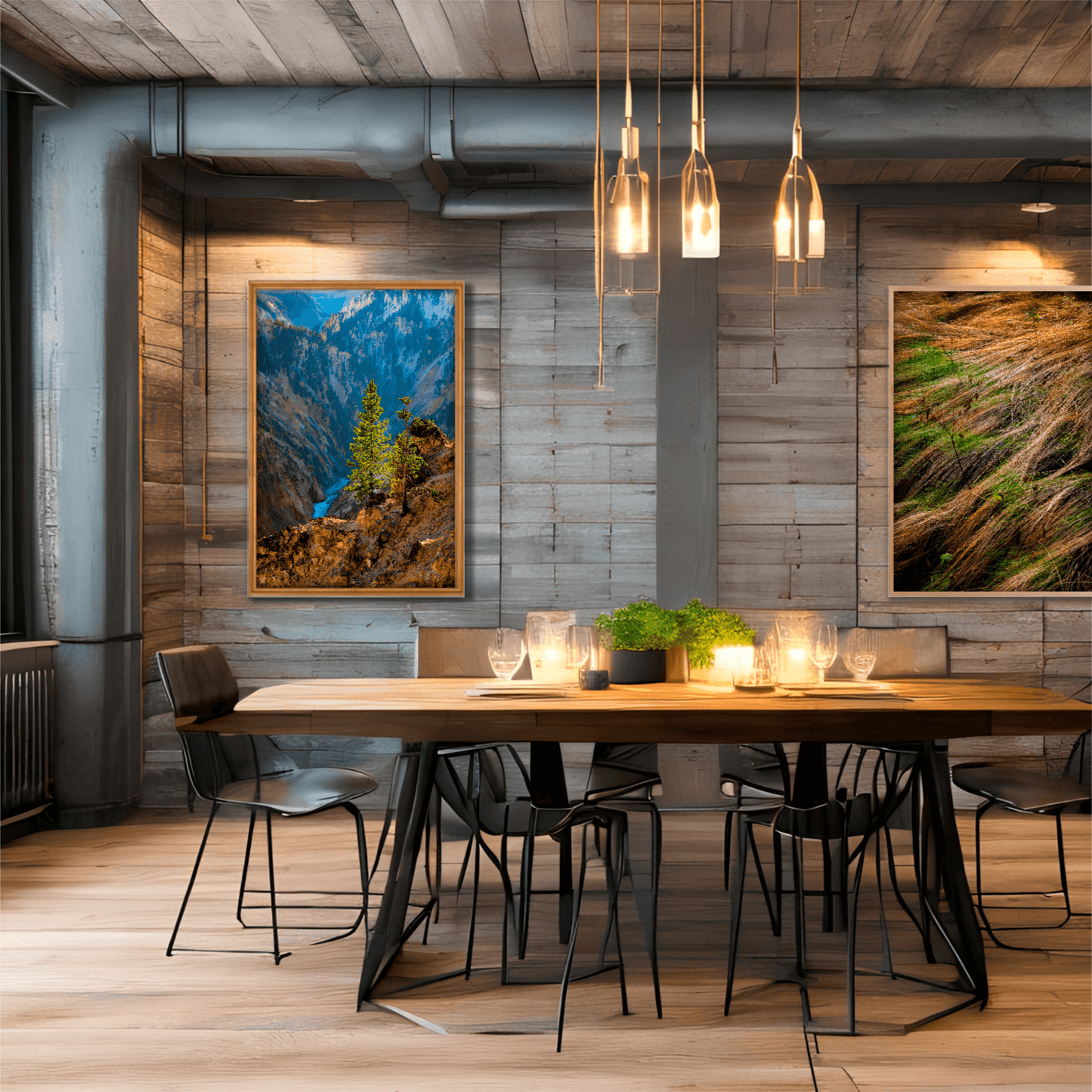 Lone tree Yellowstone River fine art print adds rustic elegance to a wood-accented dining room. Western landscape photography for interior designers.