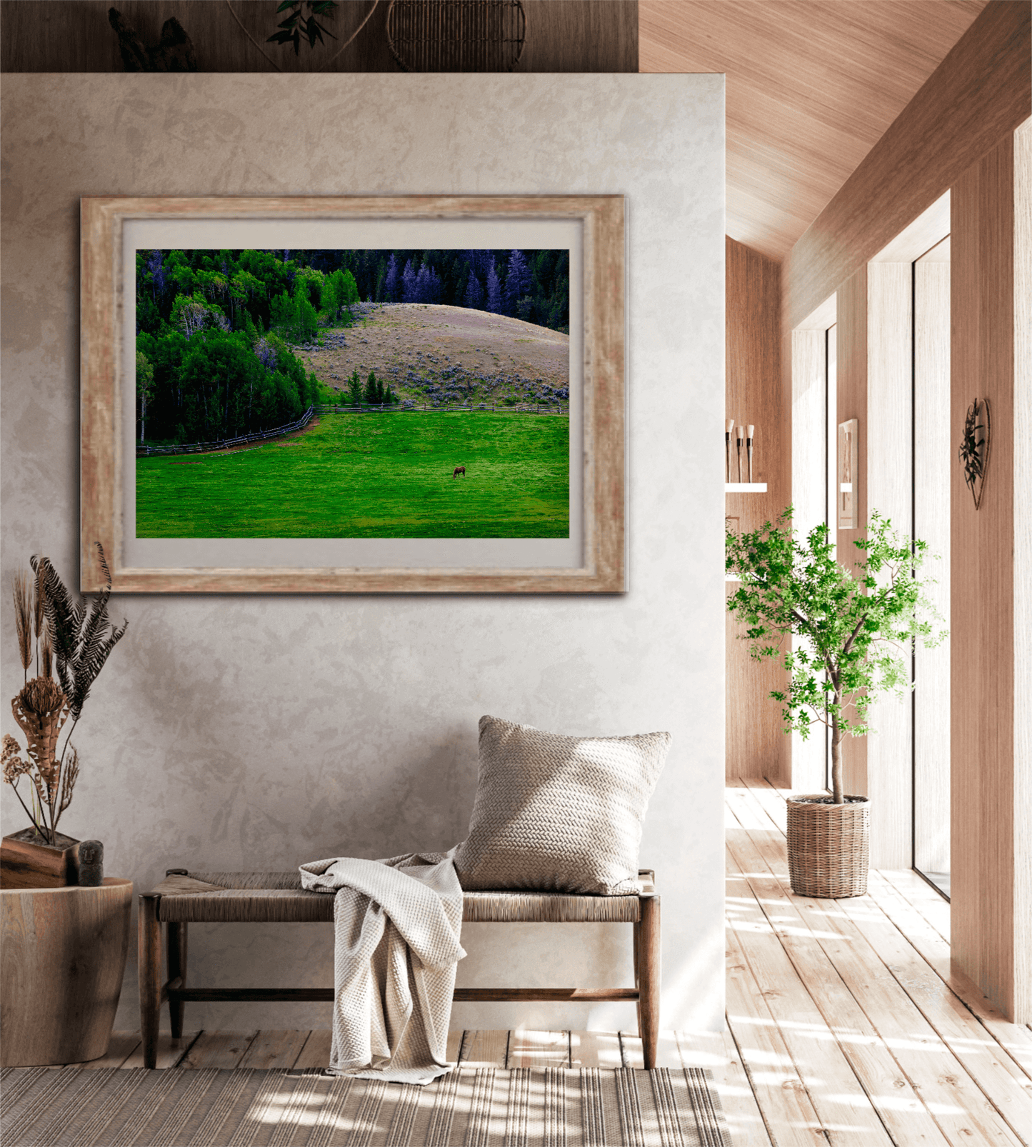 Lone Horse on Gros Ventre Ranch – Fine Art Photograph from Jackson Hole, Wyoming in a neutral-toned frame above a bench in a modern rustic hallway. Enhances Western-inspired home decor.