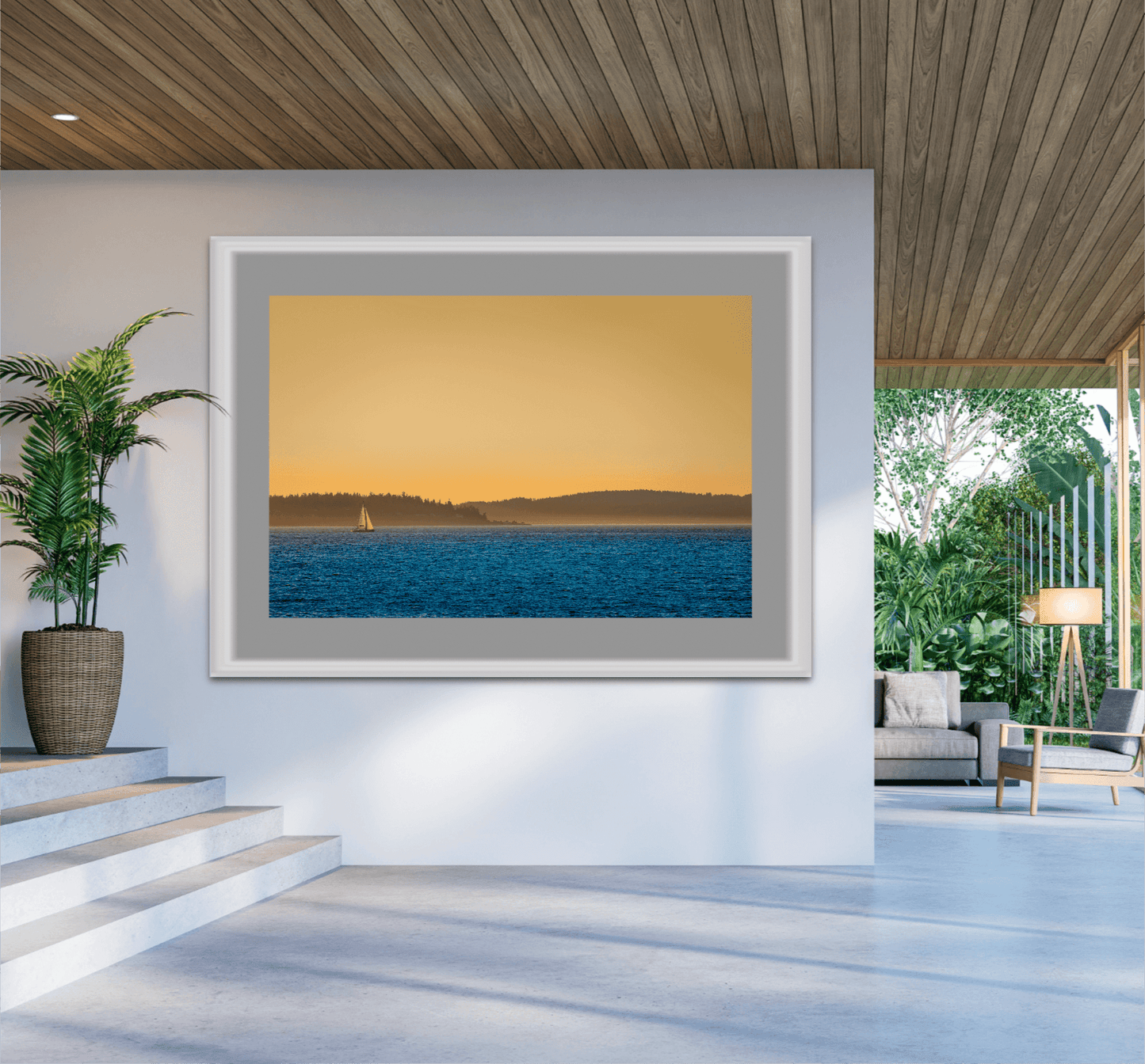 Golden Hour Sailboat framed artwork in a luxury home interior, highlighting warm golden tones and serene Puget Sound waterscape.