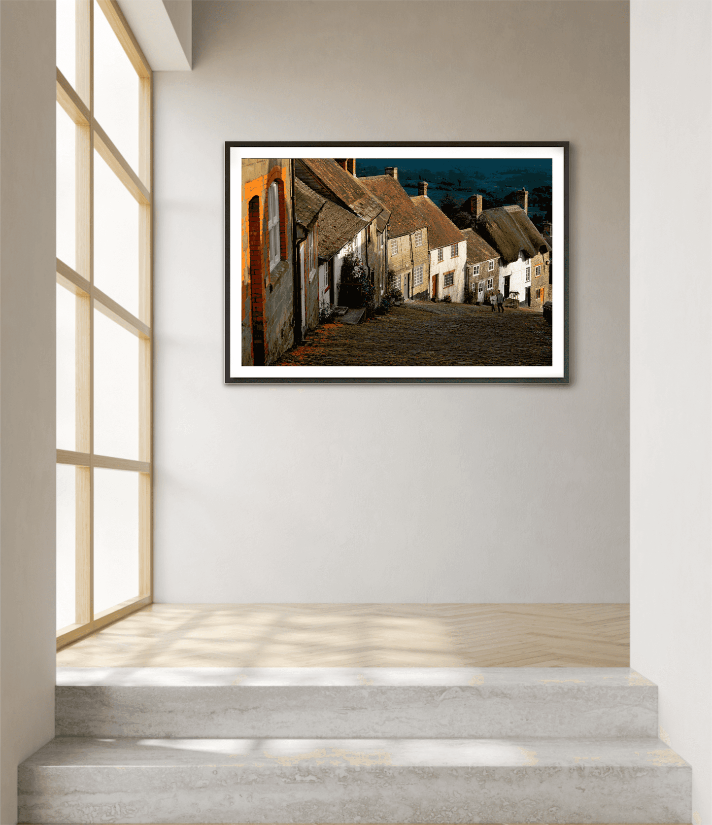 Gold Hill, Shaftesbury – A Fairy Tale Scene in Dorset framed wall art in a bright hallway with natural light and neutral decor.