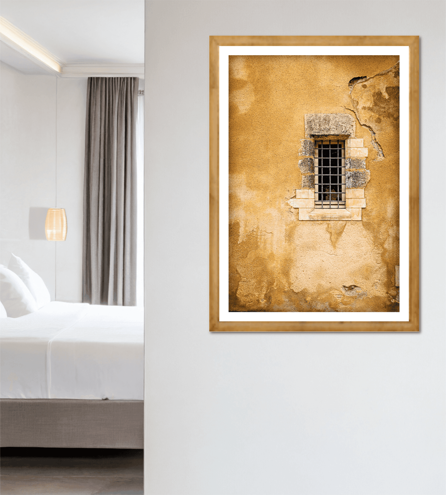 Golden Wall – Aged Texture and Light in Historic Troyes, France mounted in a hotel room, offering timeless French architecture as sophisticated wall decor.
