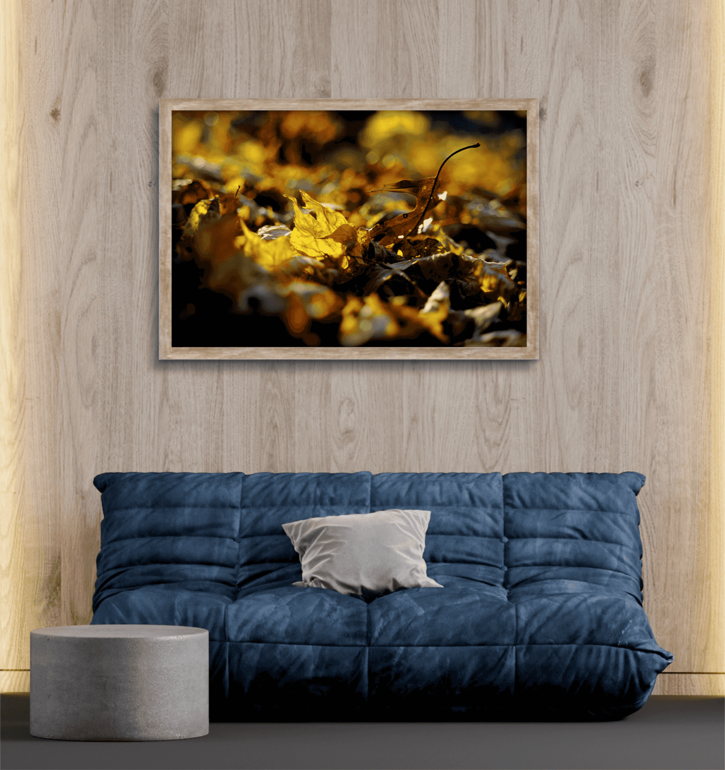 Autumn Gold – Limited Edition Photograph of Fall Leaves on Kodachrome framed in wood above a cozy blue sofa. Perfect for rustic or modern home decor themes.