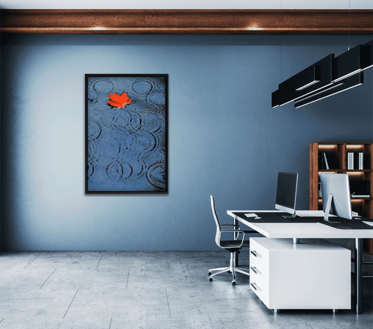 Autumn Rain – Limited Edition Fine Art Photograph displayed in a modern office with blue walls. Adds a bold seasonal accent to professional interiors.