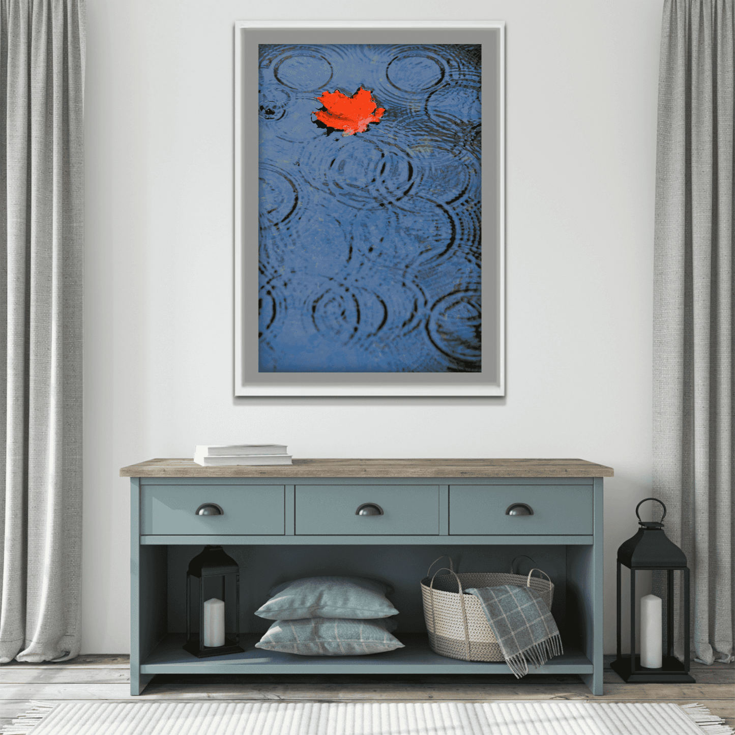 Autumn Rain – Limited Edition Fine Art Photograph framed above a console in a cozy home. Enhances seasonal decor with nature-inspired elegance.