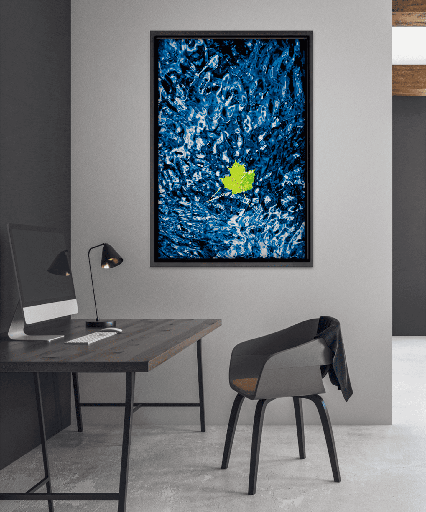 Adrift – Image of Blue Water and Leaf Color Photograph from Maine displayed in a modern home office, enhancing interior design with nature-inspired fine art.